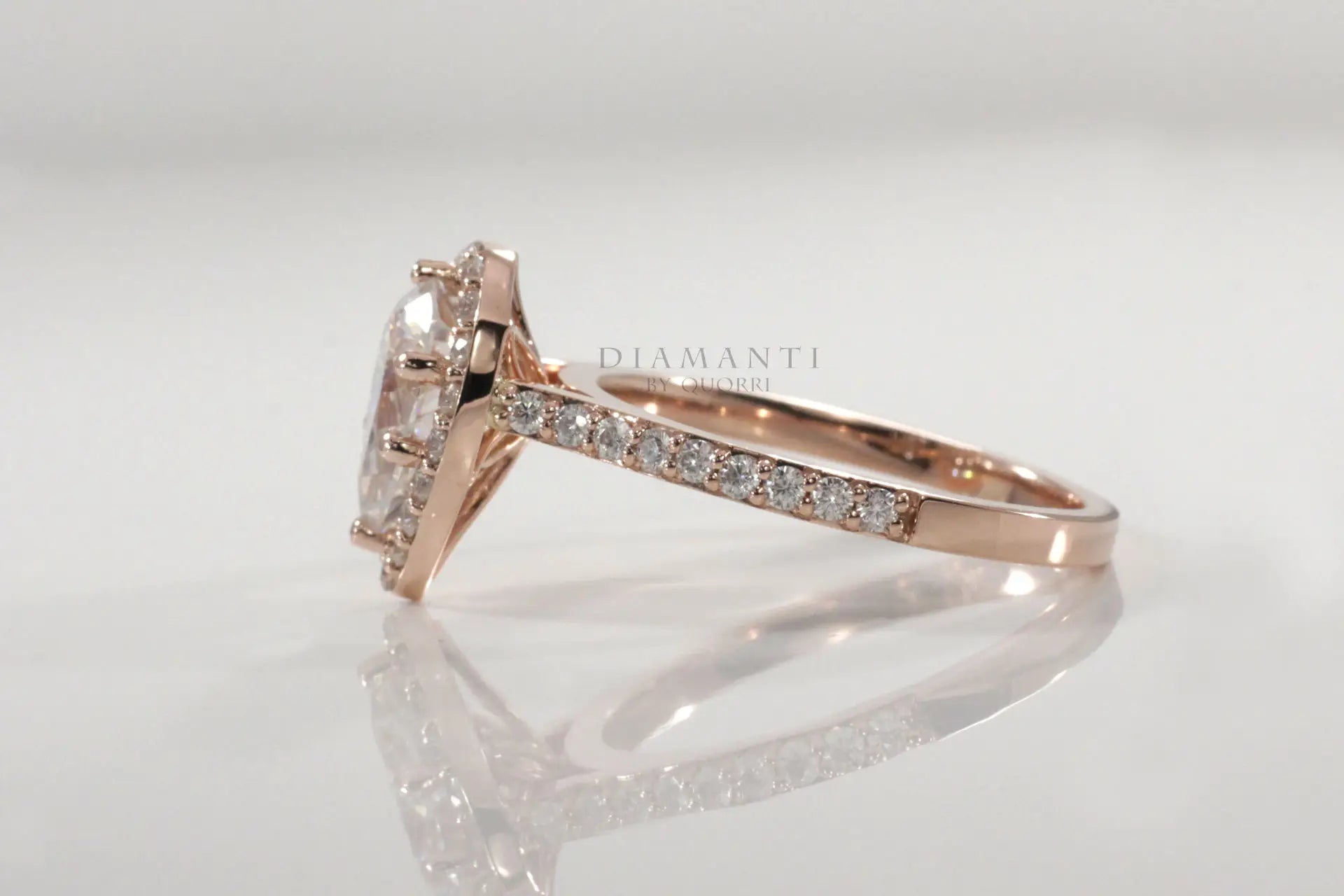 rose gold affordable accented pear halo lab diamond engagement ring Quorri Canada