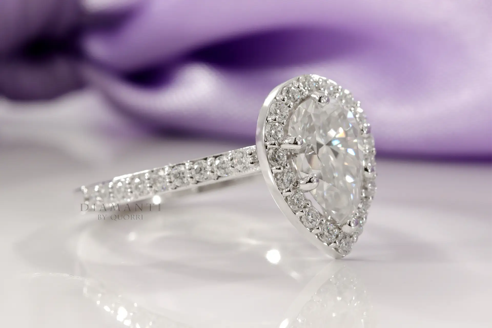 affordable platinum accented pear halo lab diamond engagement ring Quorri Canada