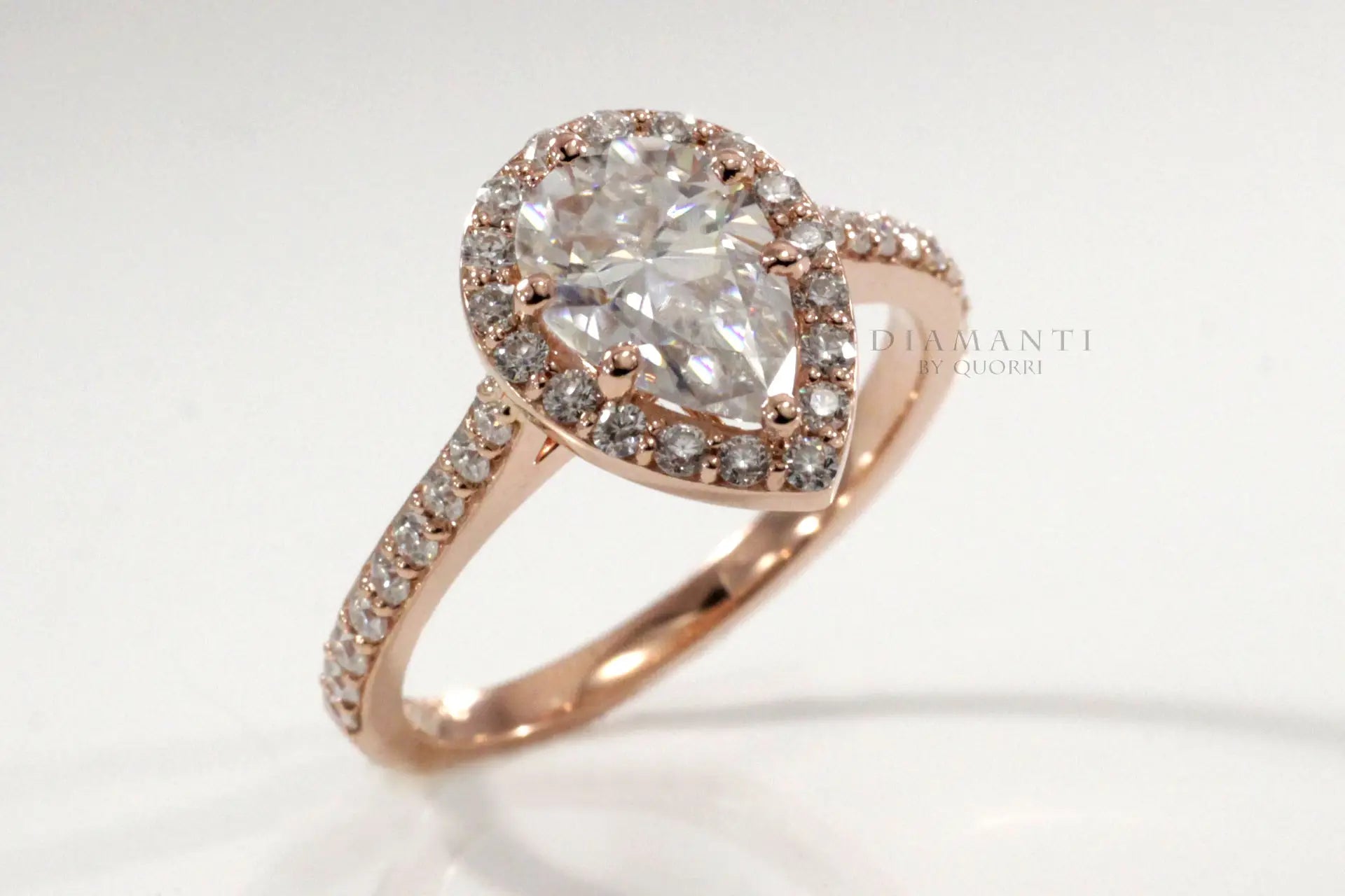 designer affordable accented 1.5 carat pear halo lab grown diamond engagement ring Quorri