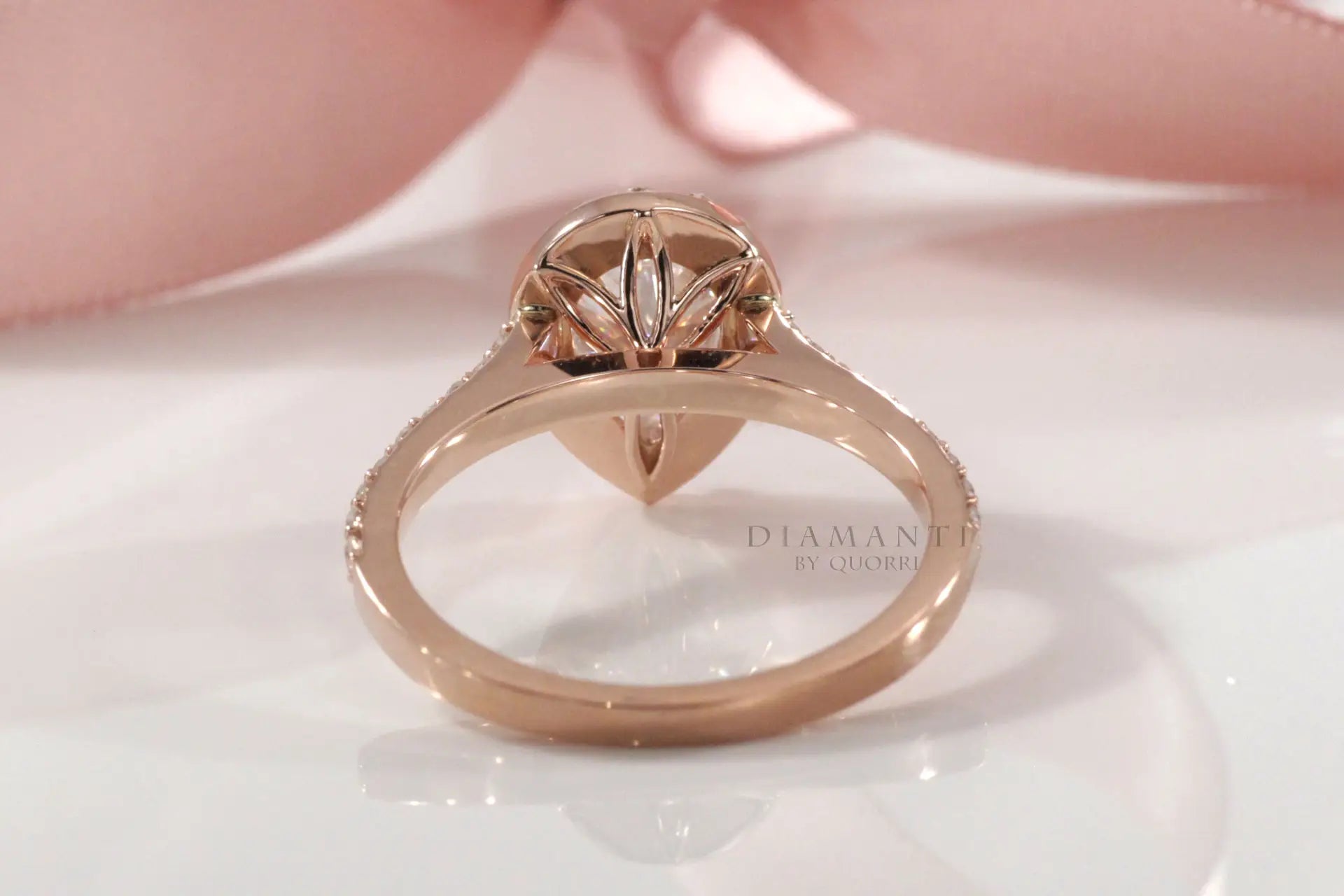 18k rose gold affordable accented pear halo lab created diamond engagement ring Quorri