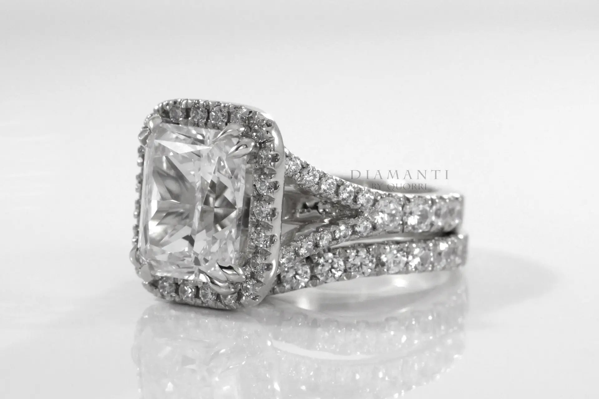 18k white gold affordable round accented Radiant halo lab diamond wedding ring and band Quorri