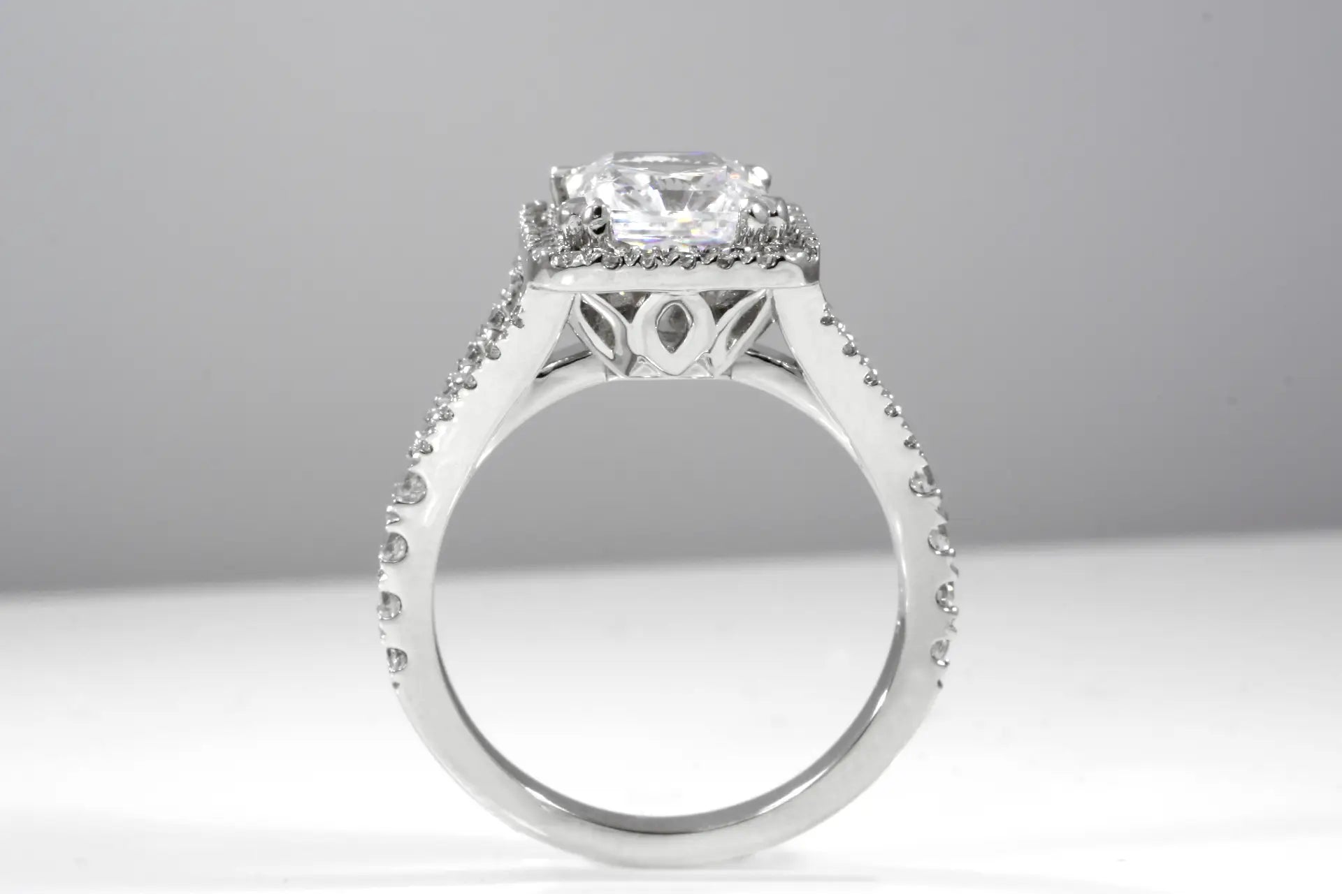 designer 18k white gold claw prong 3 carat radiant cut lab diamond halo split band engagement ring Quorri