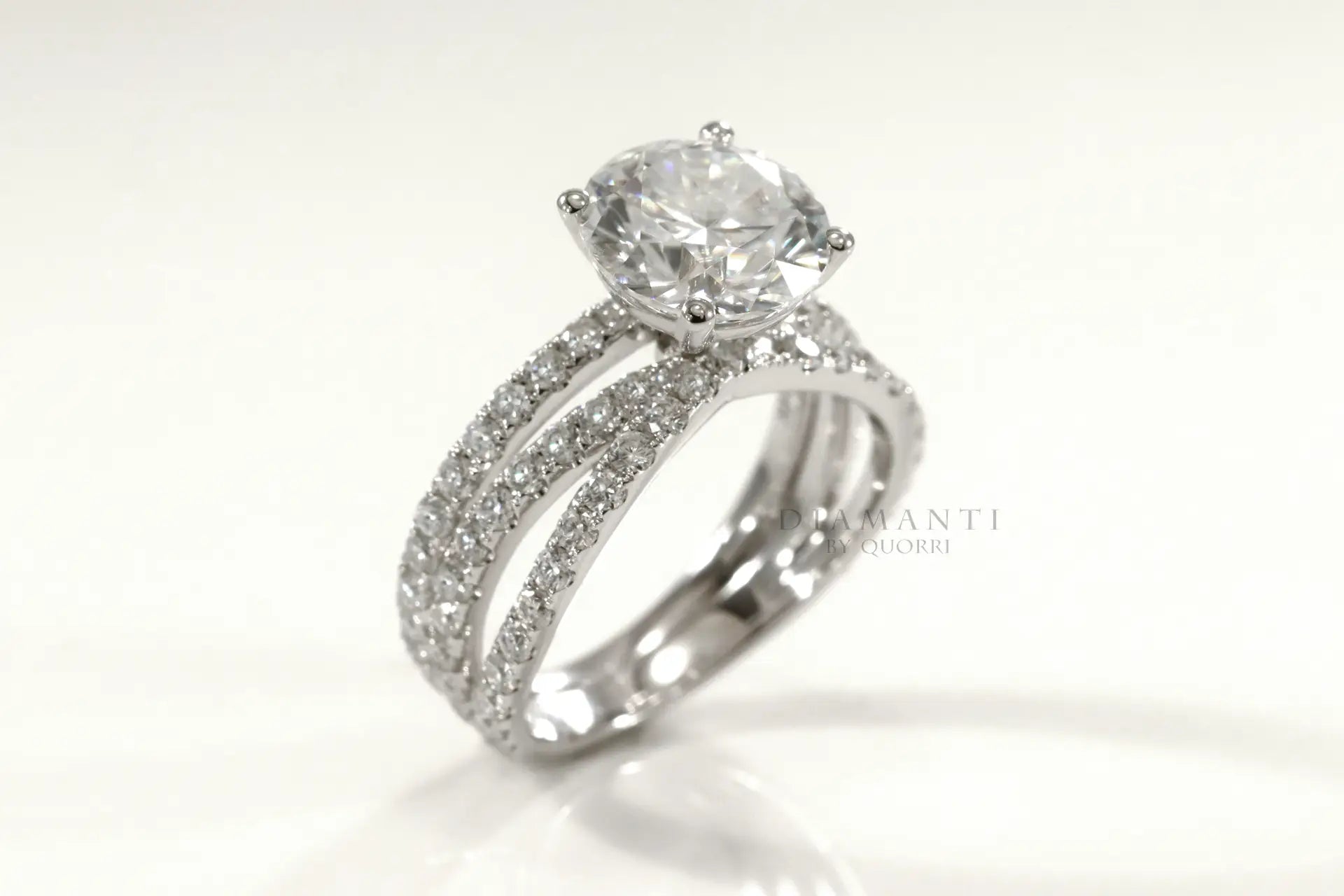 designer 18k white gold crisscross accented 2.5ct round lab diamond engagement ring Quorri
