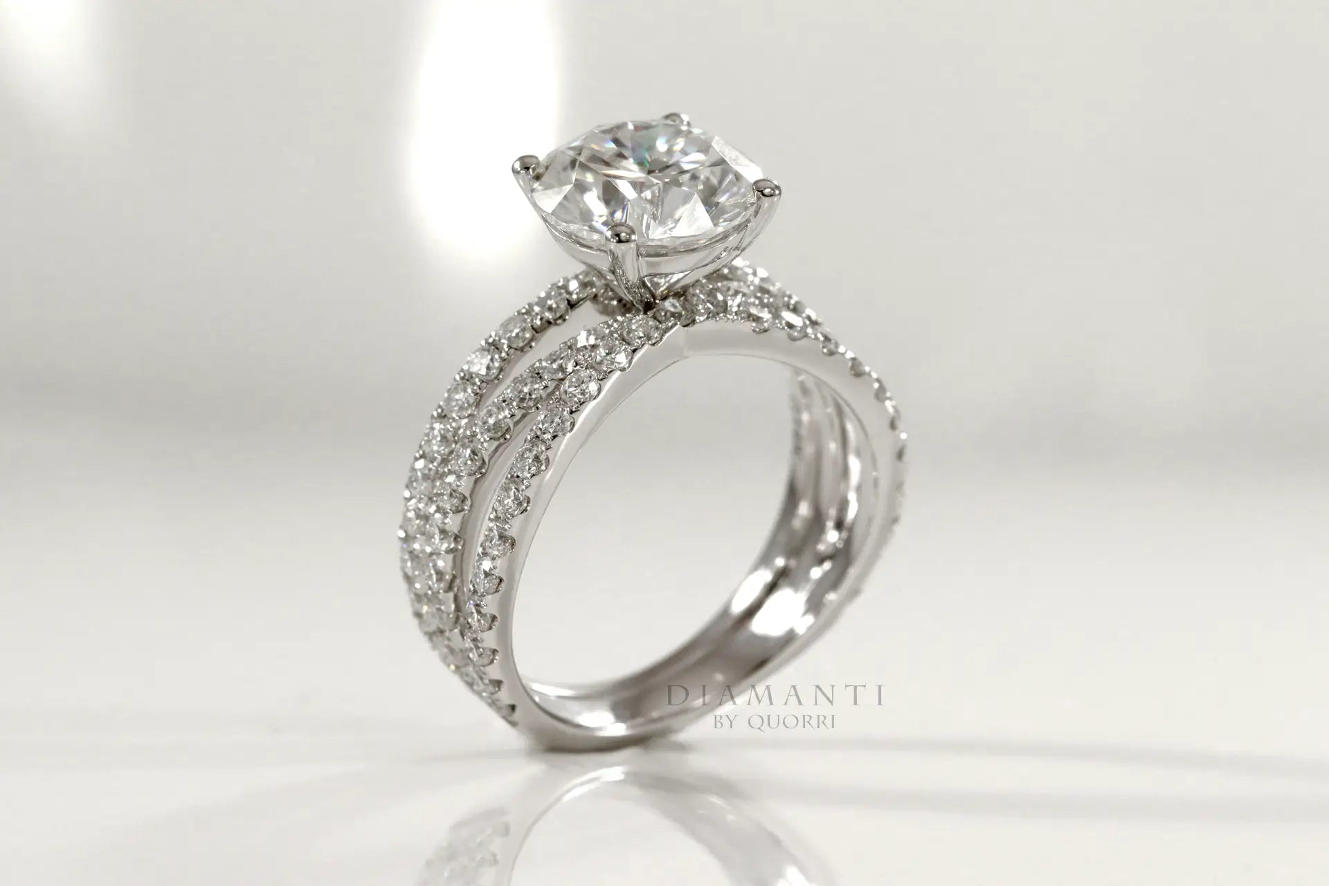 affordable designer criss-cross accented 3ct round lab grown diamond engagement ring Quorri
