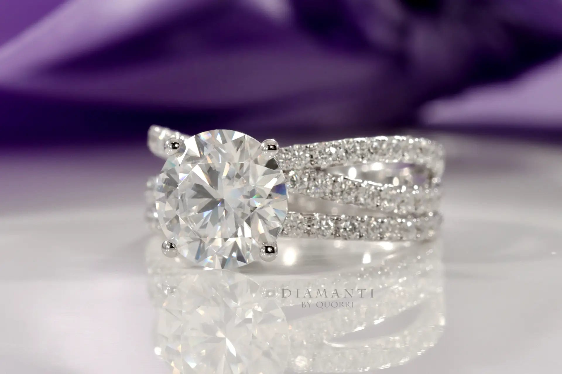 designer crisscross accented 2 carat round lab created diamond engagement ring Quorri Canada