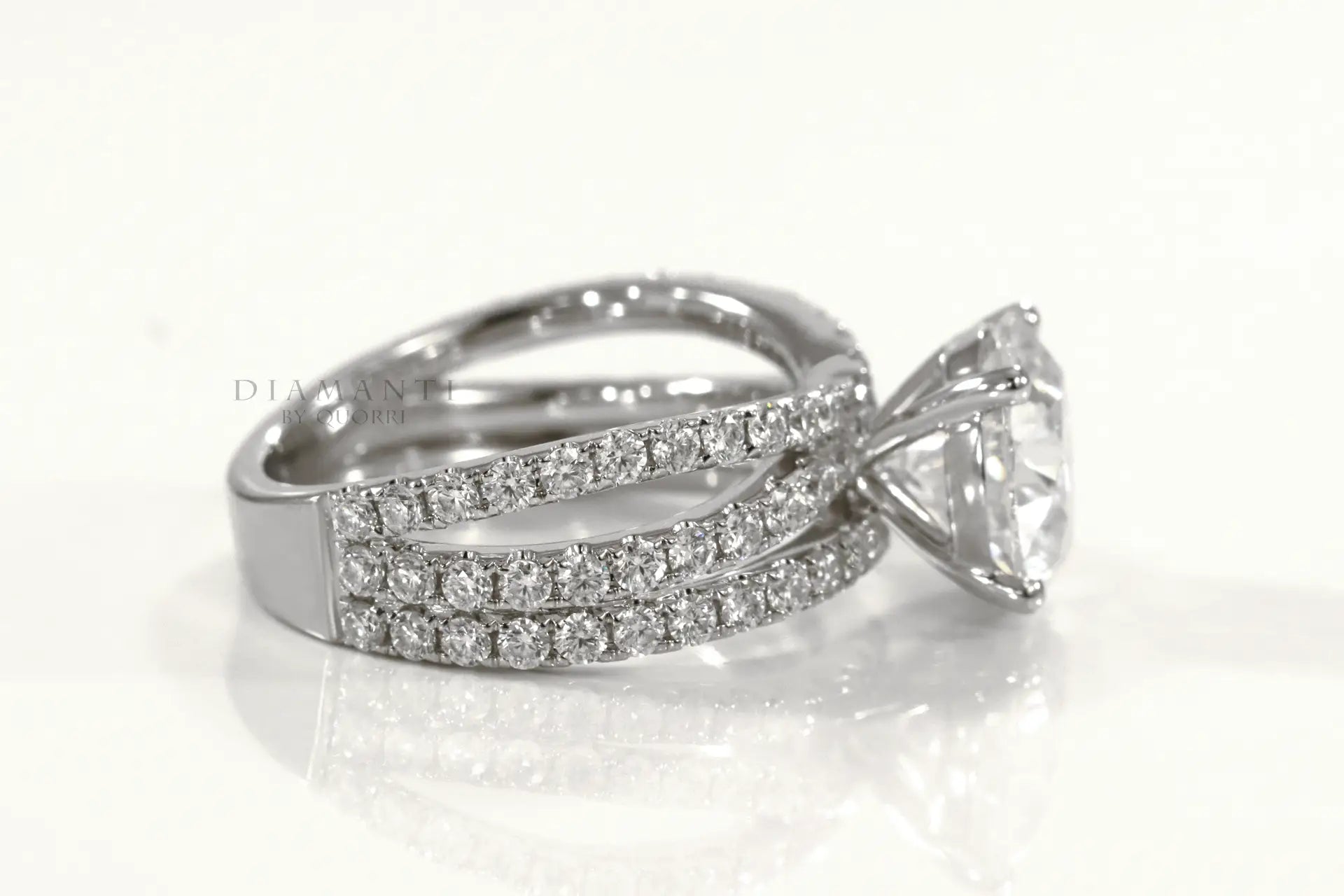 white gold designer crisscross accented 3.5 carat round lab diamond engagement ring Quorri