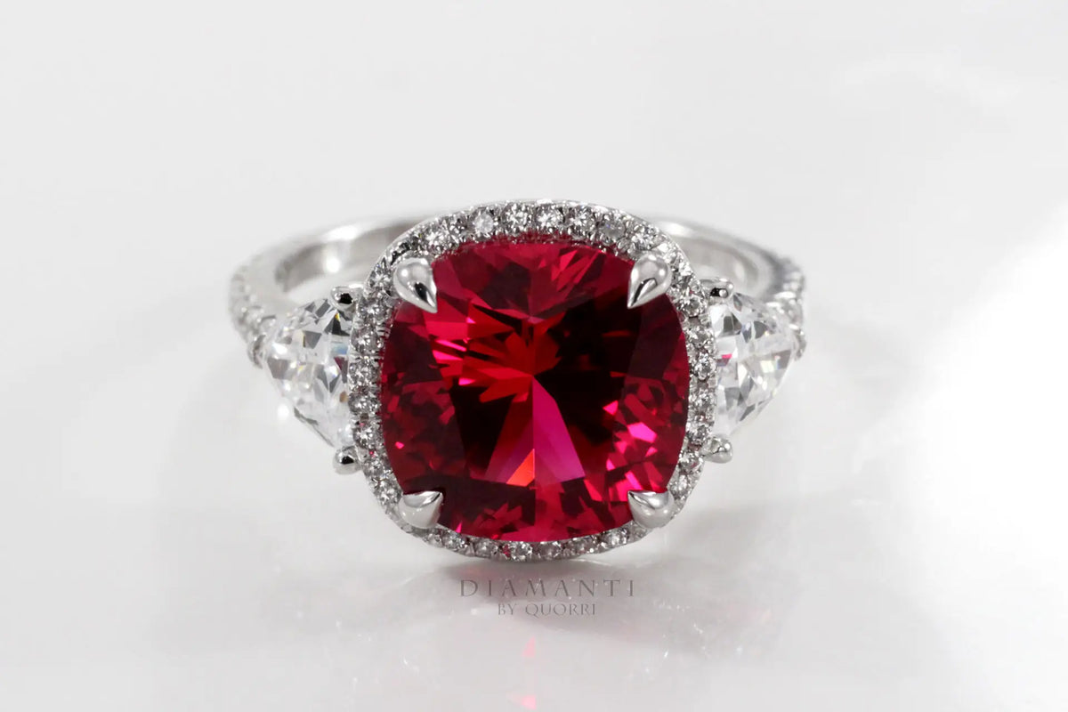 claw prong halo three stone red ruby lab diamond engagement ring Quorri