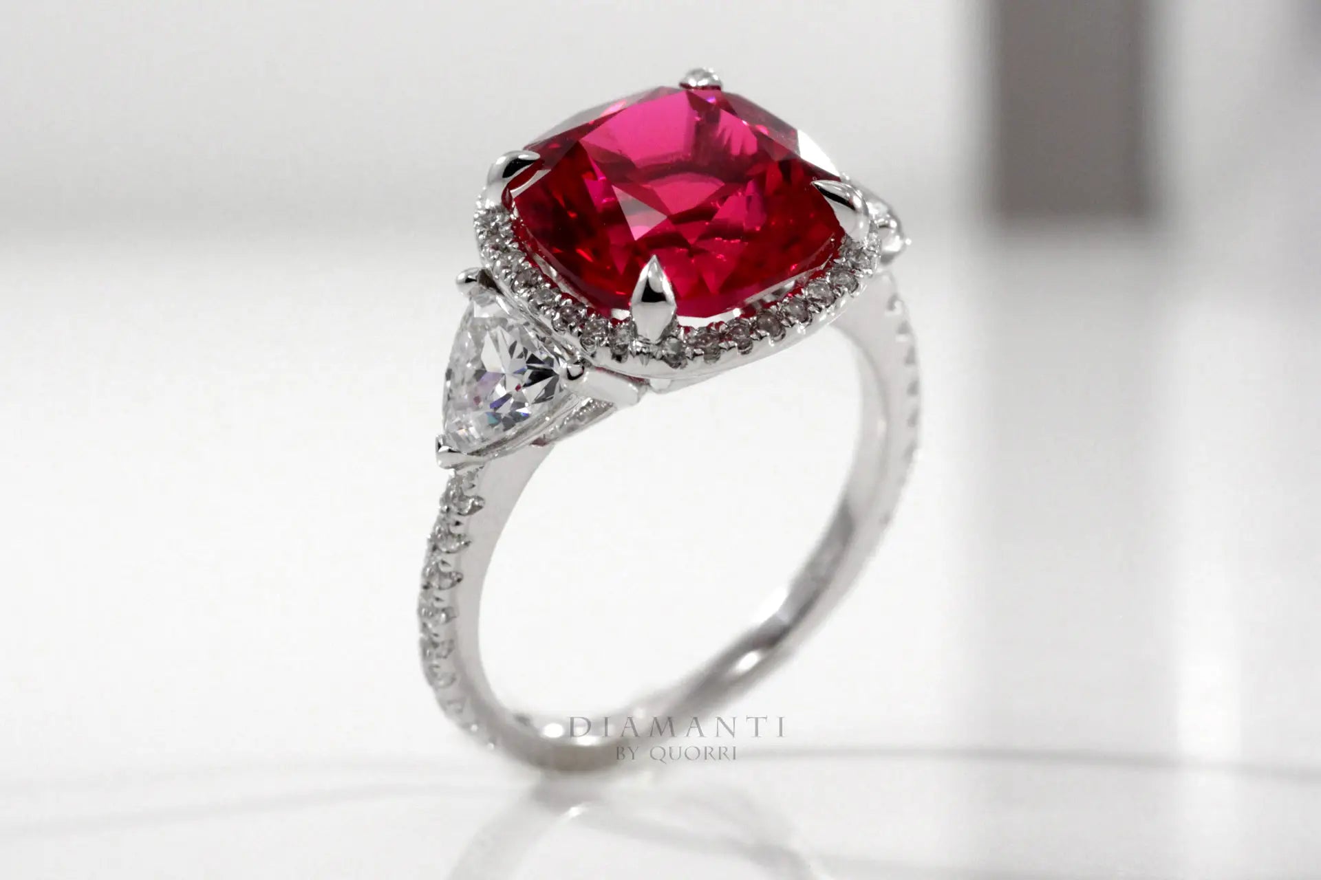 claw prong halo three stone 3 carat red ruby lab diamond engagement ring Quorri