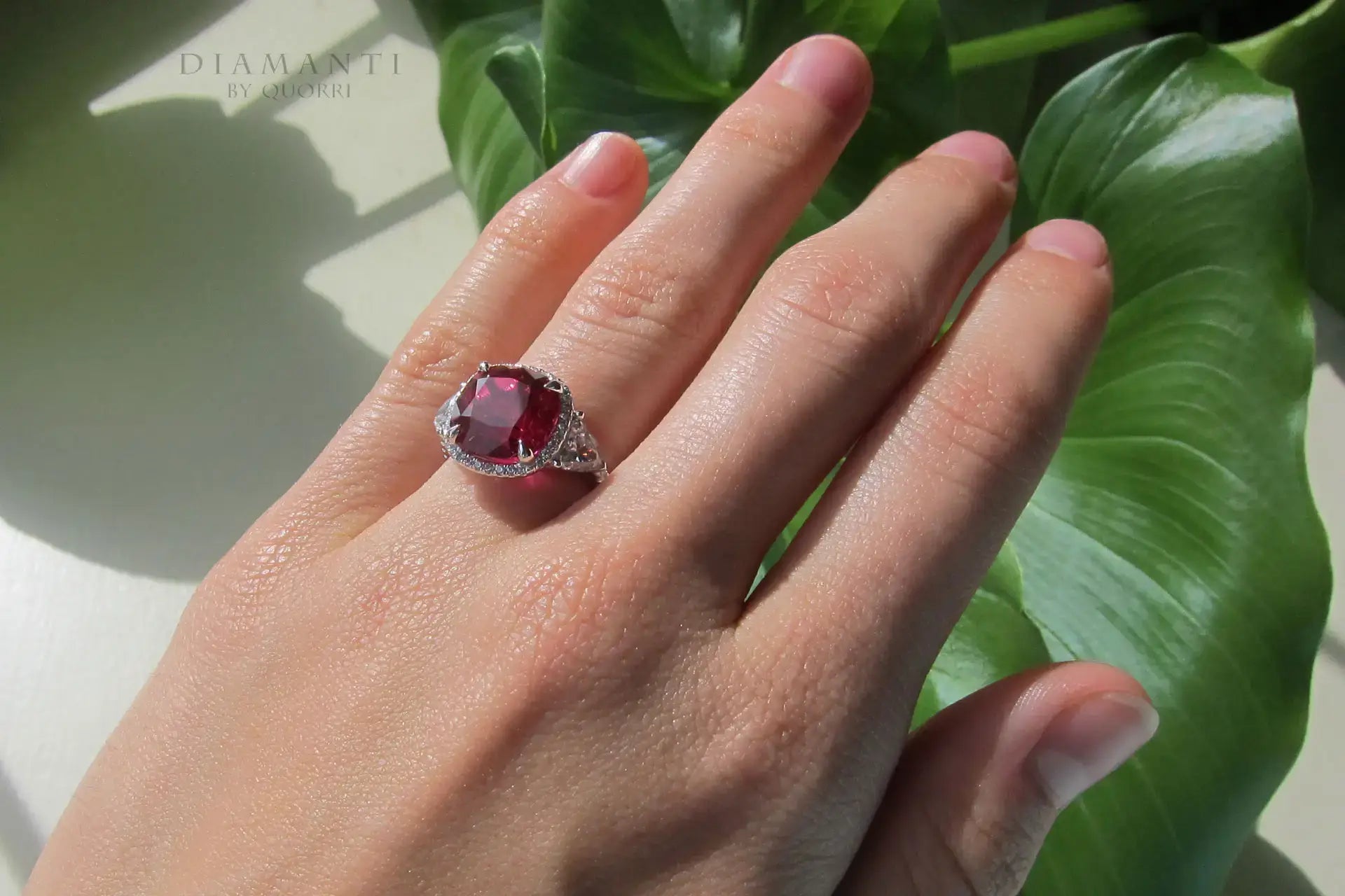 4 carat white gold claw prong halo three stone red ruby lab grown diamond engagement ring Quorri