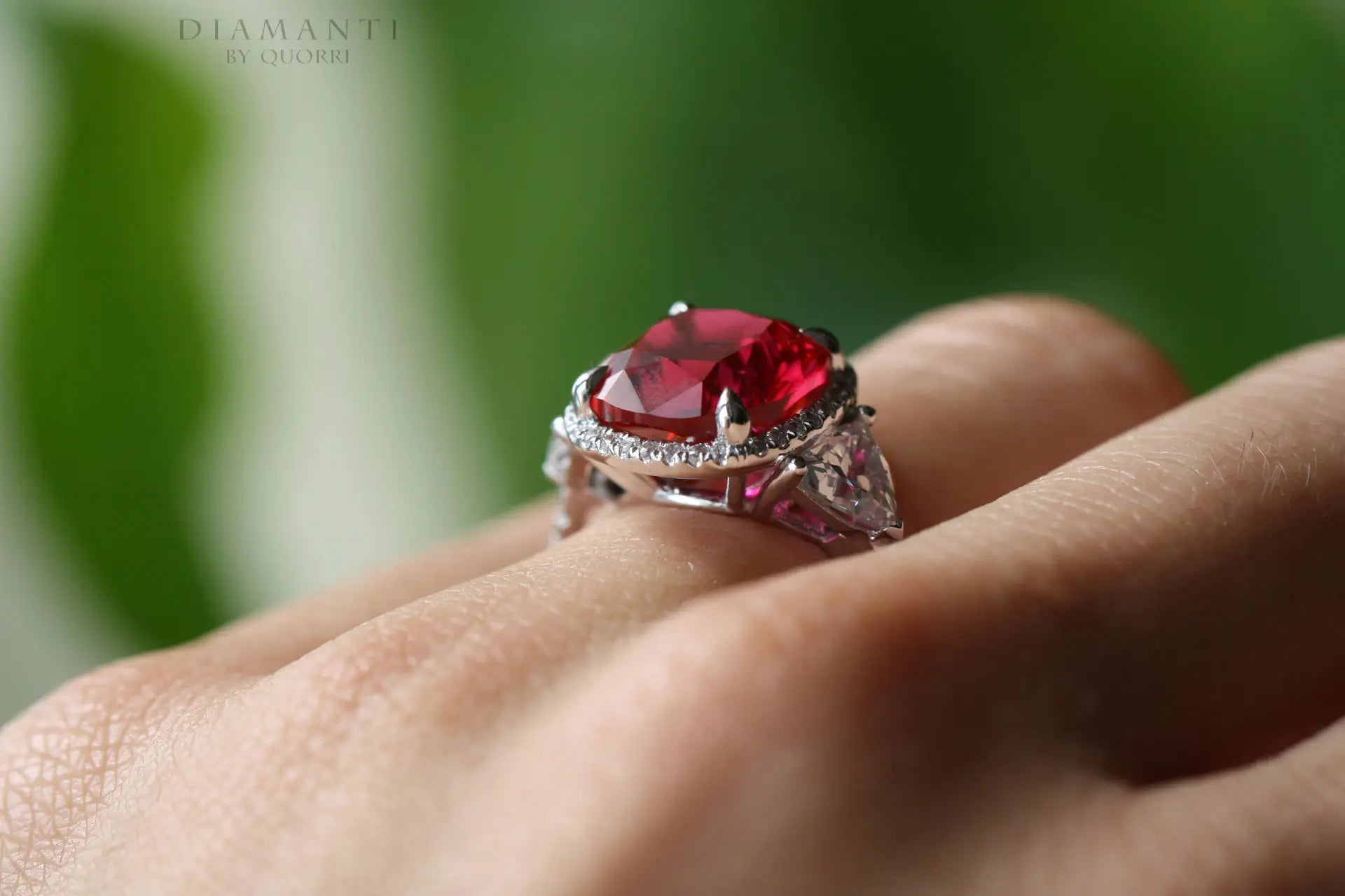 4 carat 14k white gold claw prong halo three stone cushion red ruby lab diamond engagement ring Quorri