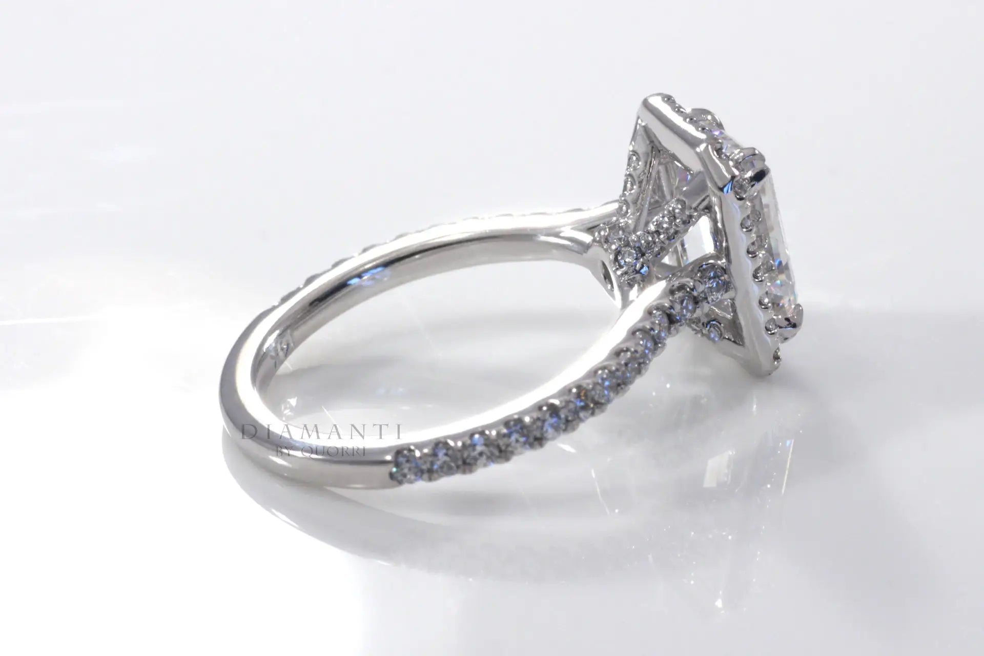affordable dual claw platinum emerald halo lab diamond engagement ring Quorri