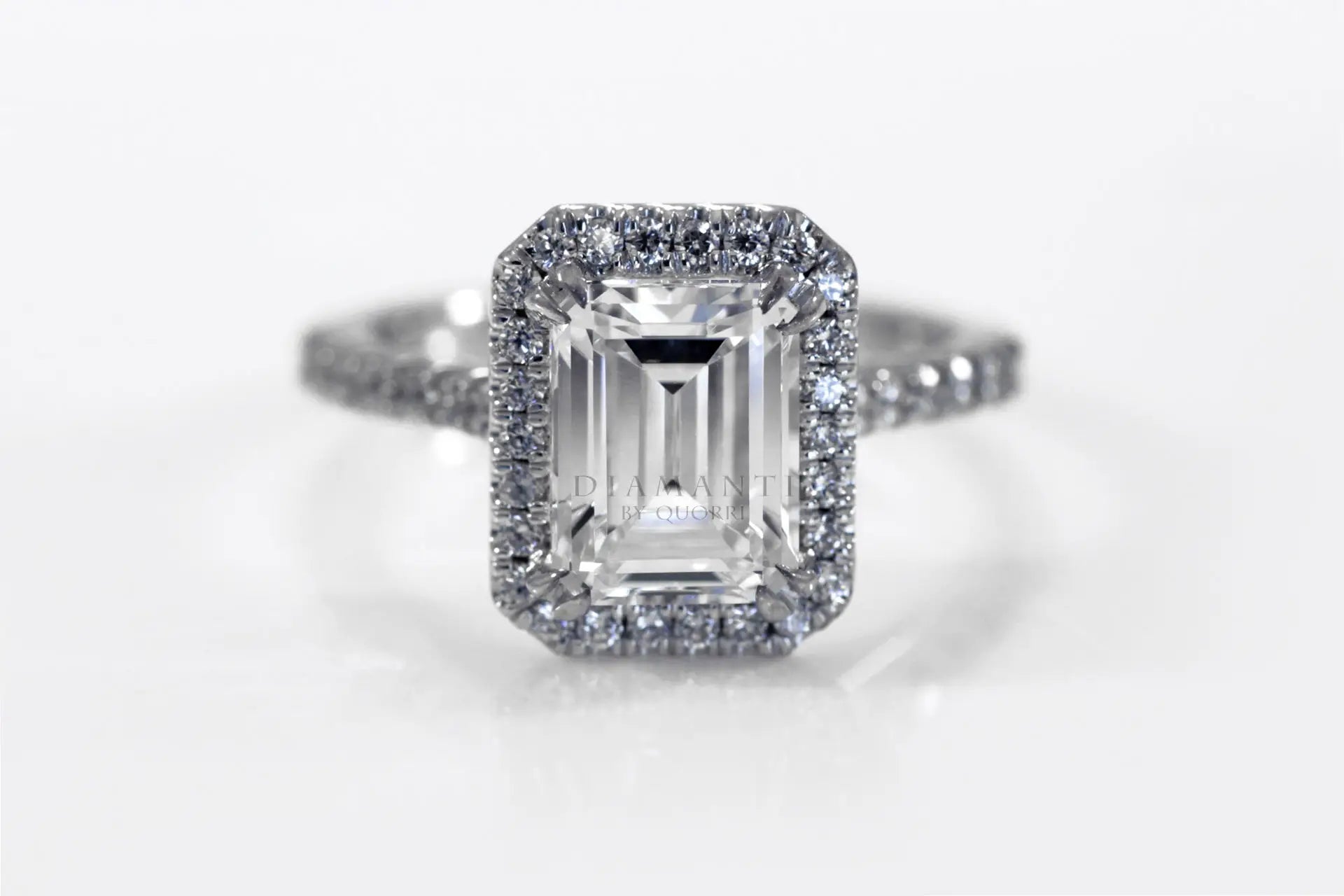 affordable dual claw emerald halo lab diamond engagement ring Quorri