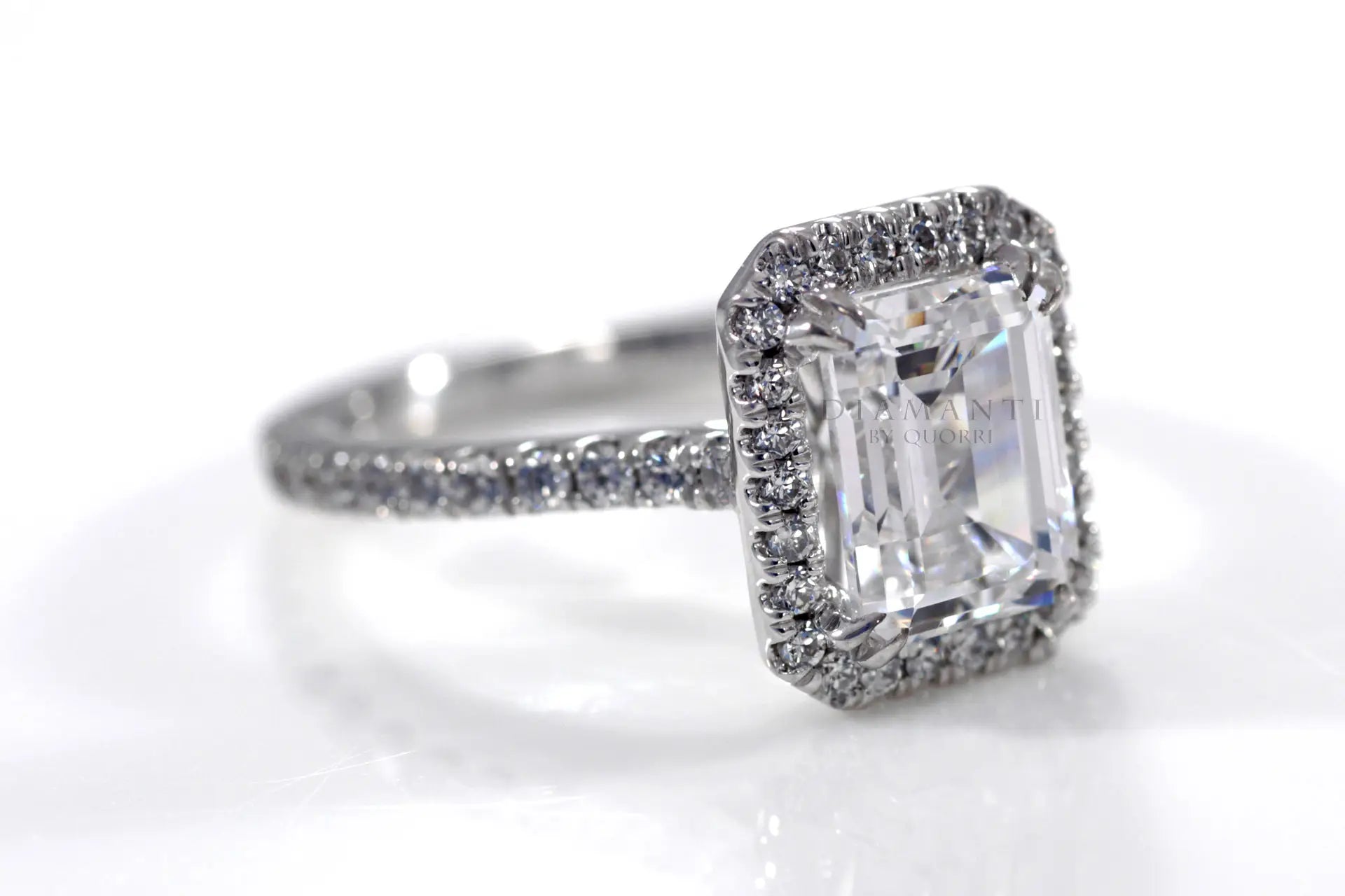 affordable dual claw 3 carat emerald halo lab diamond engagement ring Quorri