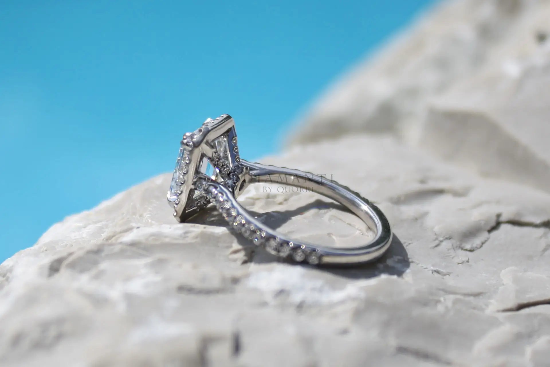 affordable dual claw emerald halo lab diamond engagement ring Quorri