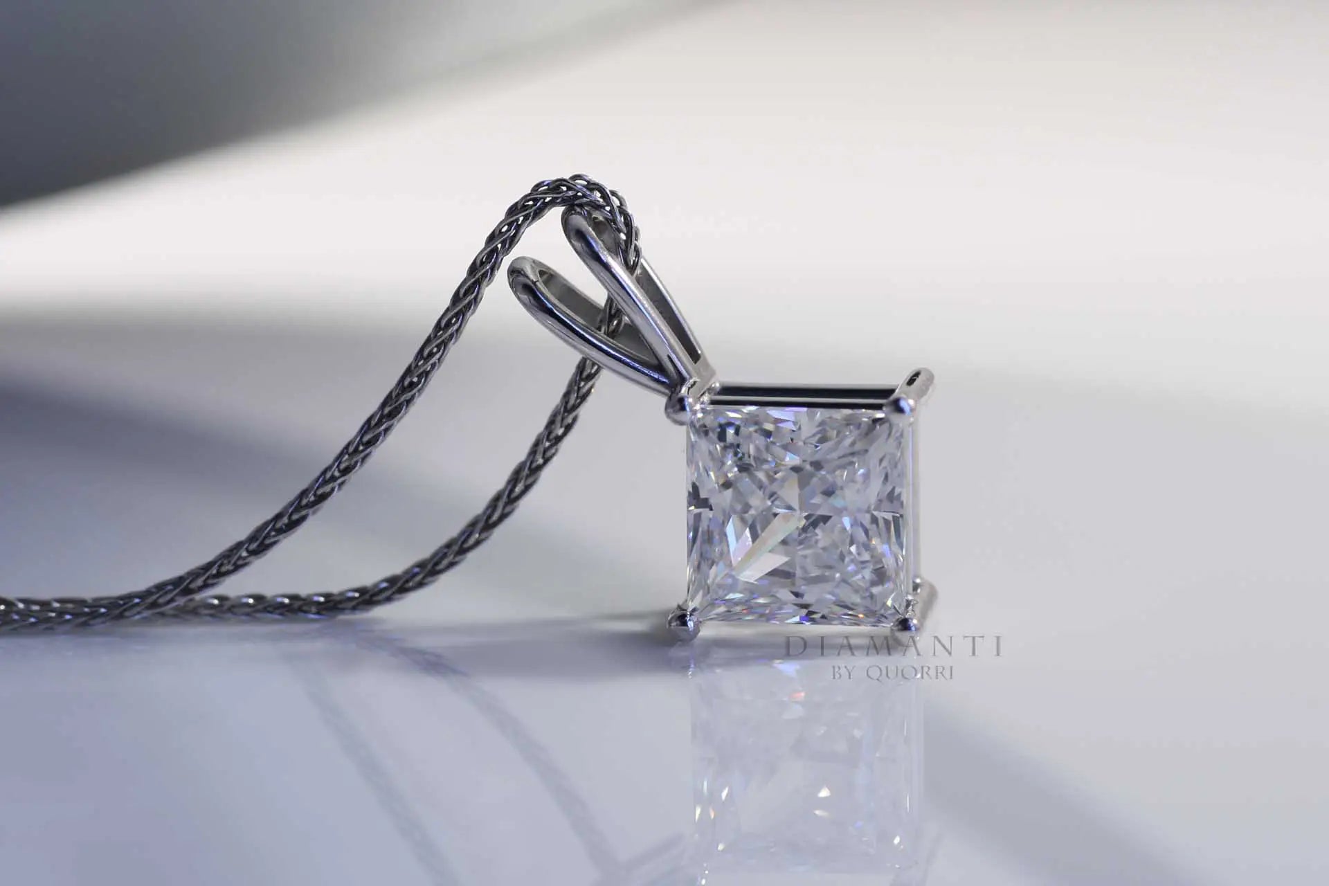 white gold princess cut lab grown diamond solitaire pendant Quorri