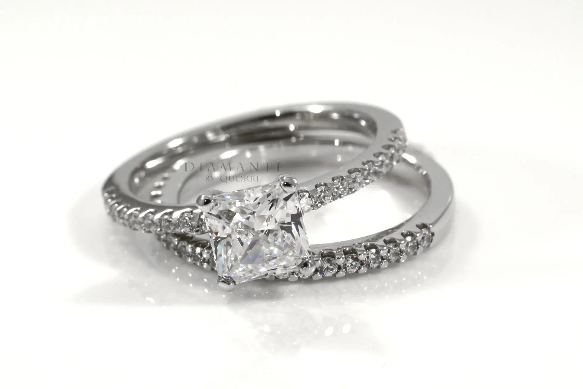 18k white gold accented affordable 2 carat princess lab diamond engagement ring and wedding band set Quorri