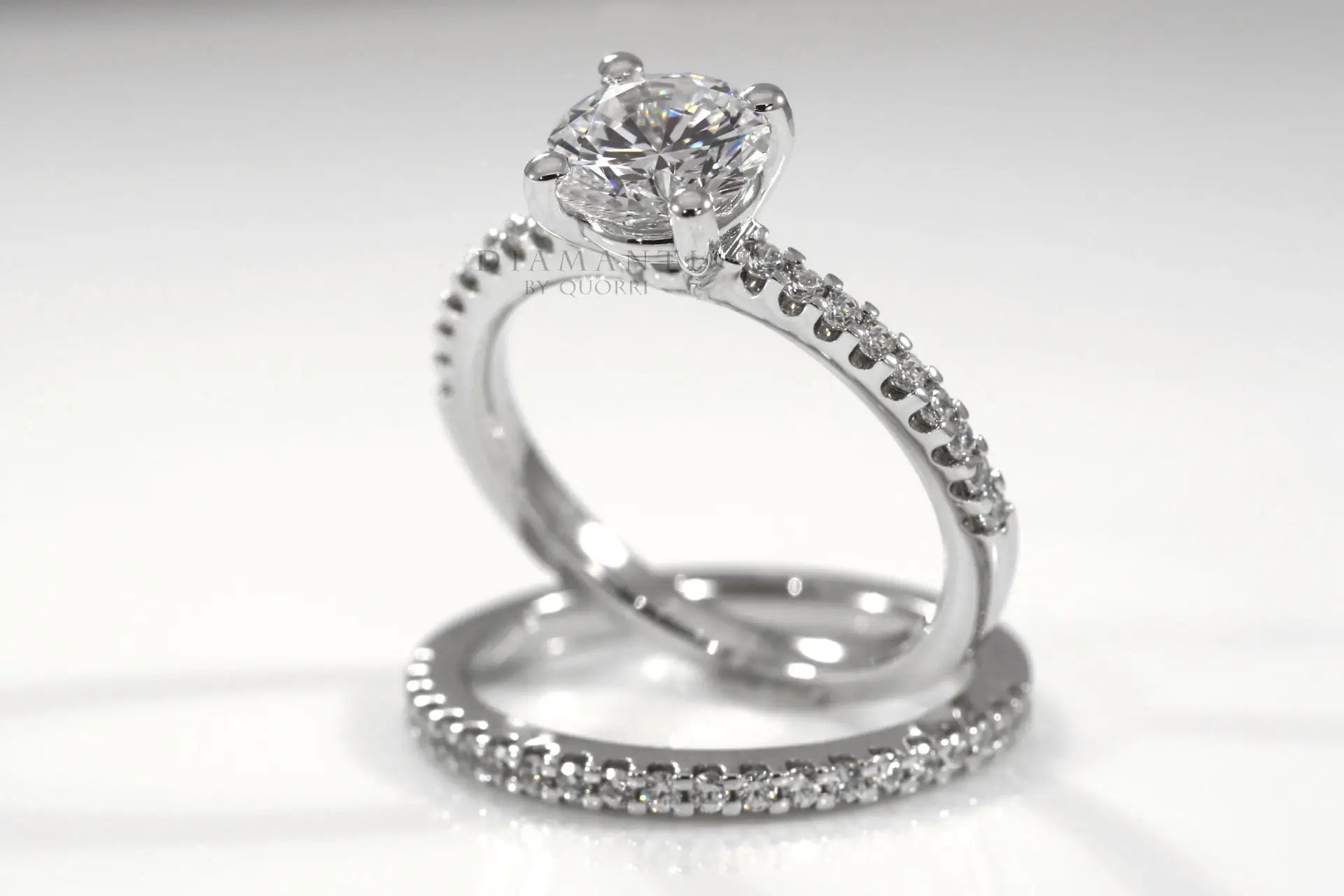 18k white gold accented 2 carat round lab diamond engagement ring and wedding band Quorri