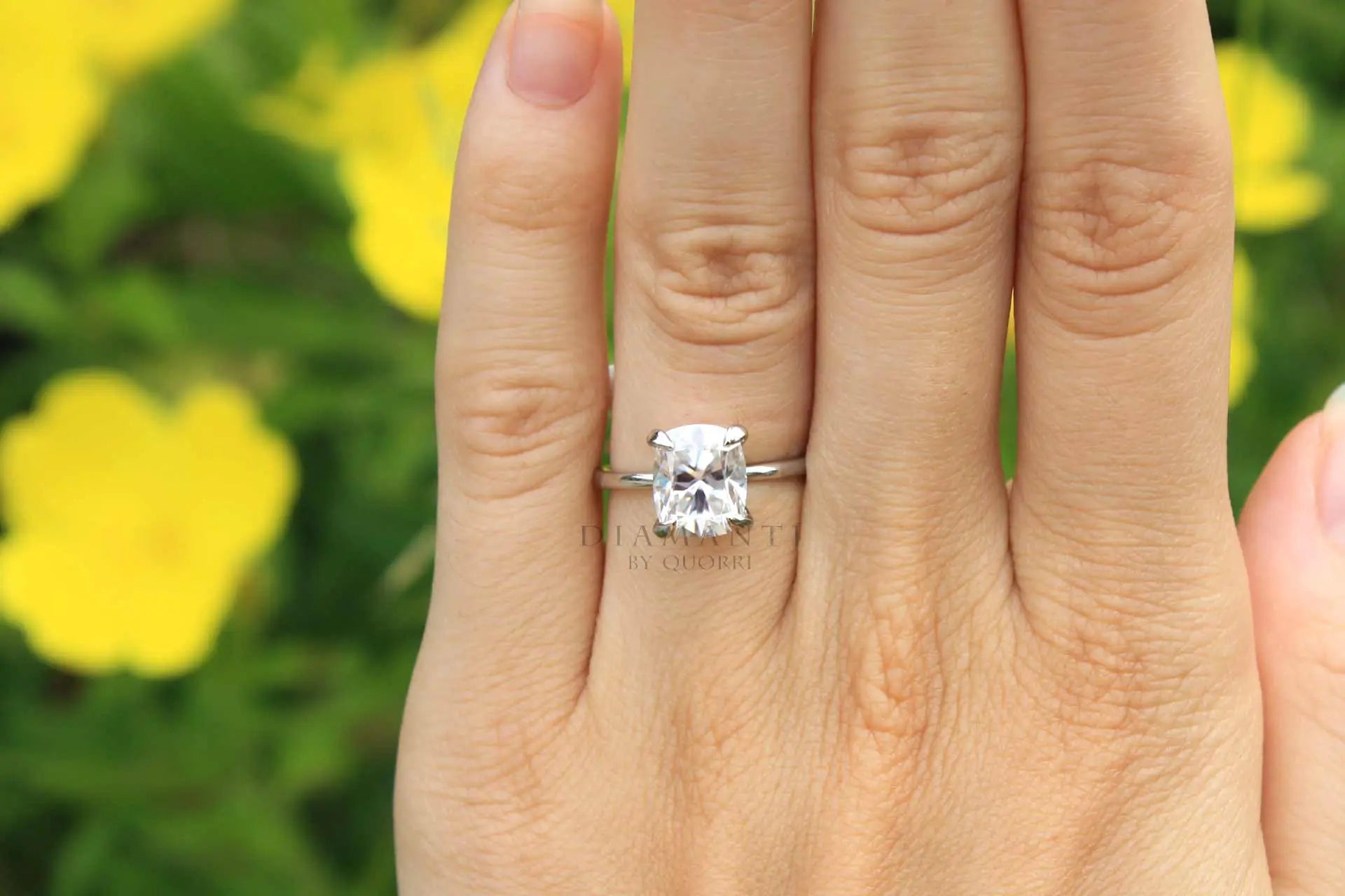 2 carat claw prong 18k white gold elongated cushion lab made diamond engagement ring Quorri