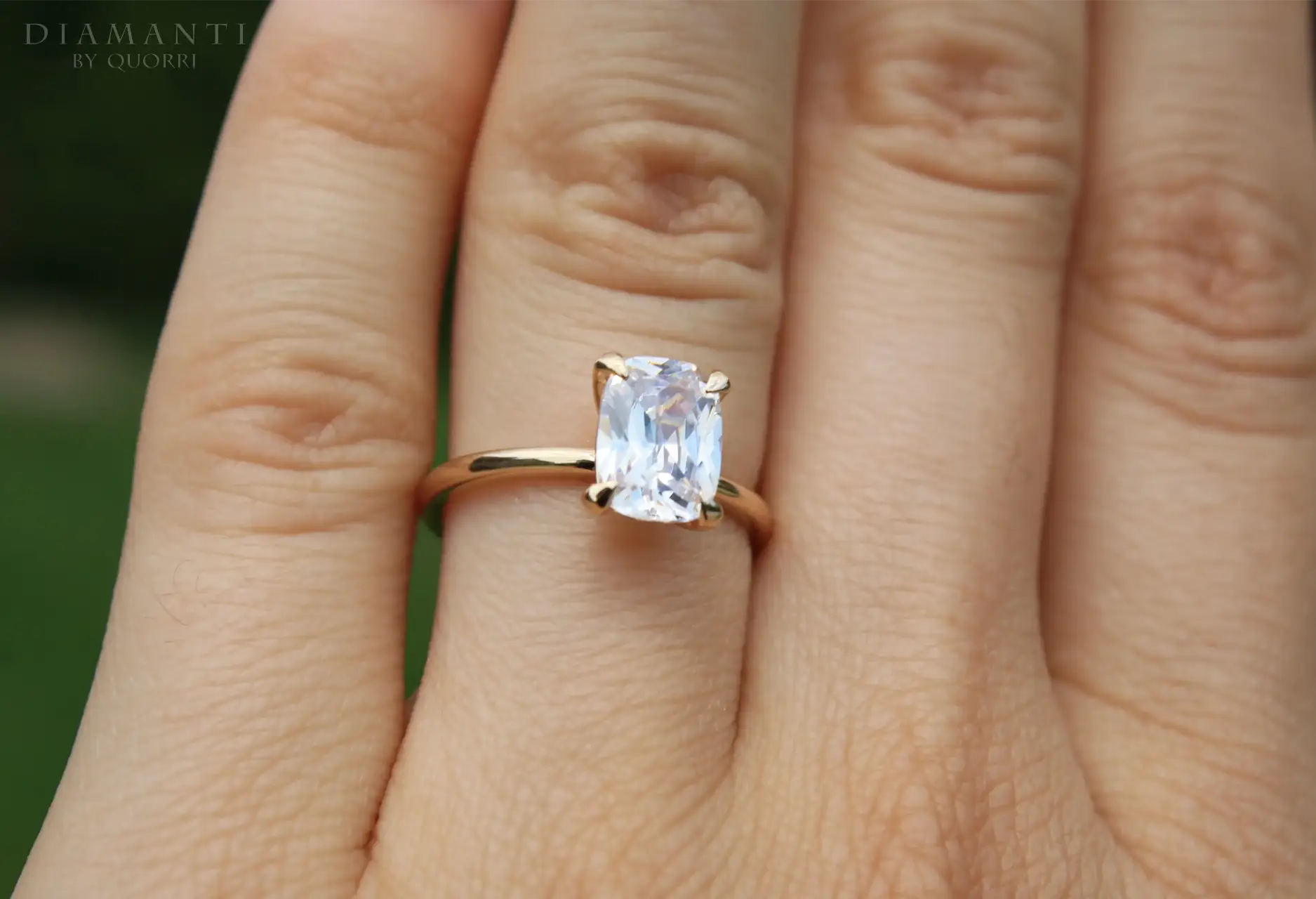 claw prong rose gold 2 carat elongated cushion lab diamond engagement ring Quorri