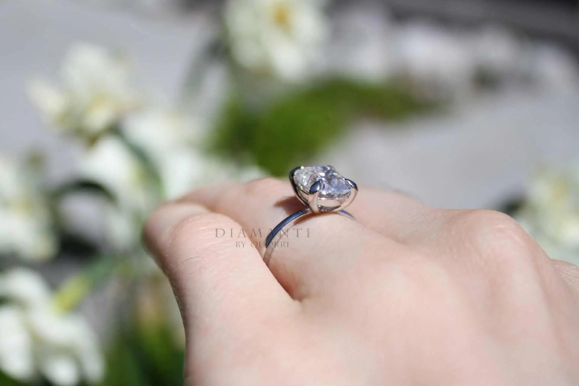 1.5 carat claw prong white gold elongated cushion lab created diamond engagement ring Quorri