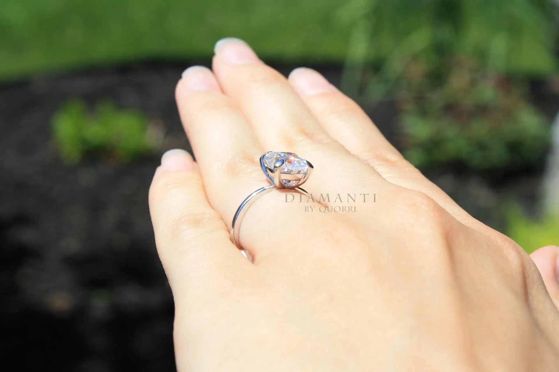 low cost claw prong  platinum 2 carat elongated cushion lab diamond engagement ring Quorri