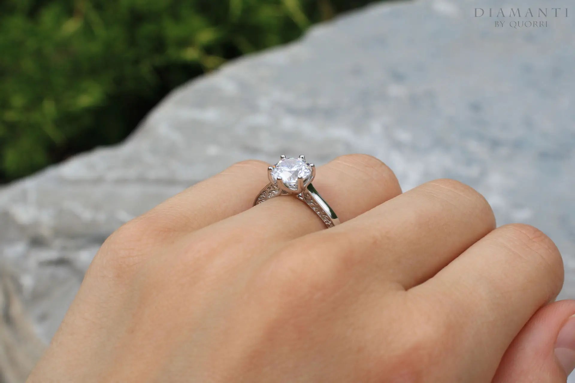 18k white gold 6 prong rose motif 2.25ct round lab grown diamond engagement ring Quorri