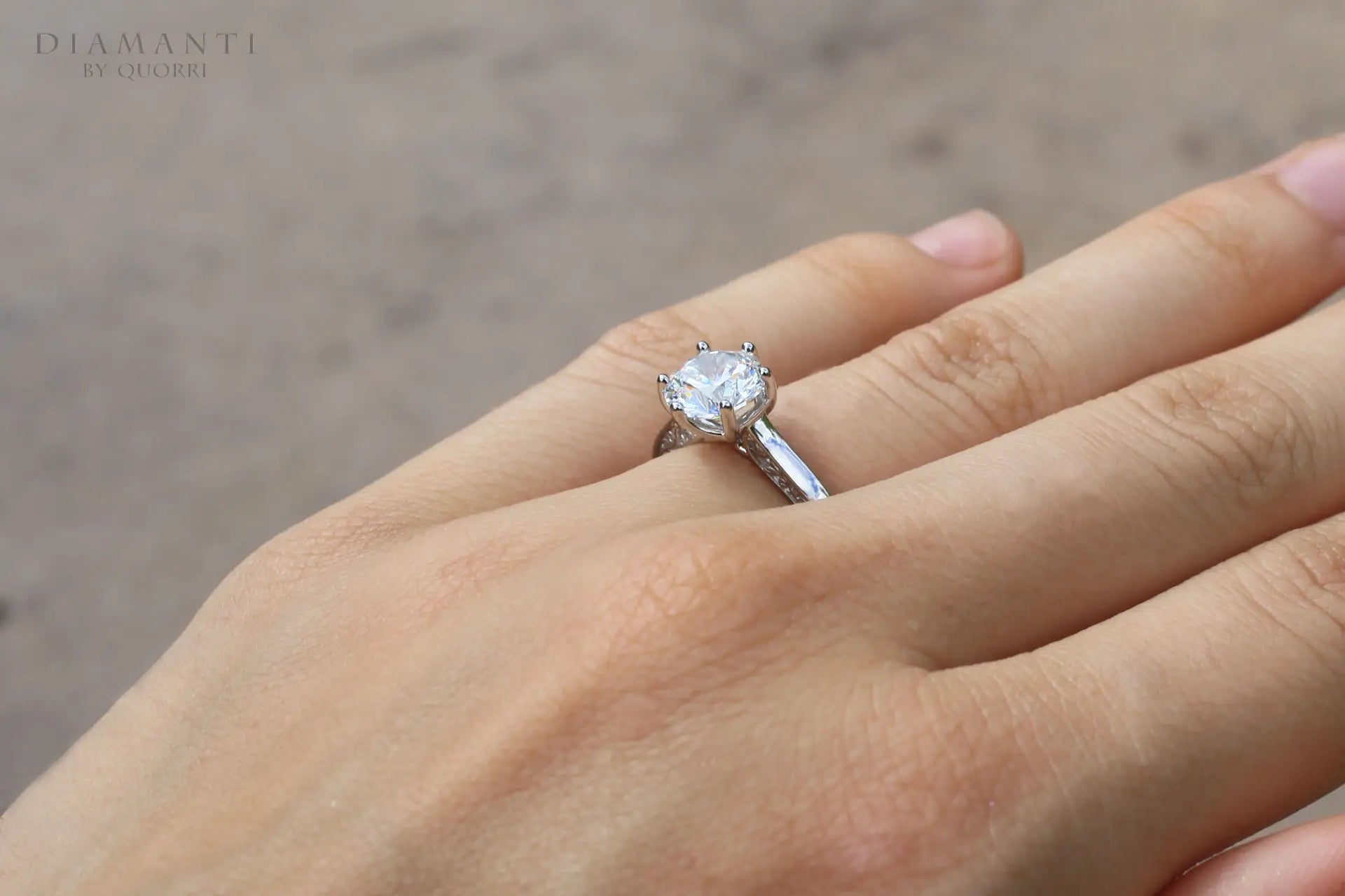 affordable 6 prong rose motif 3ct round lab diamond engagement ring Quorri