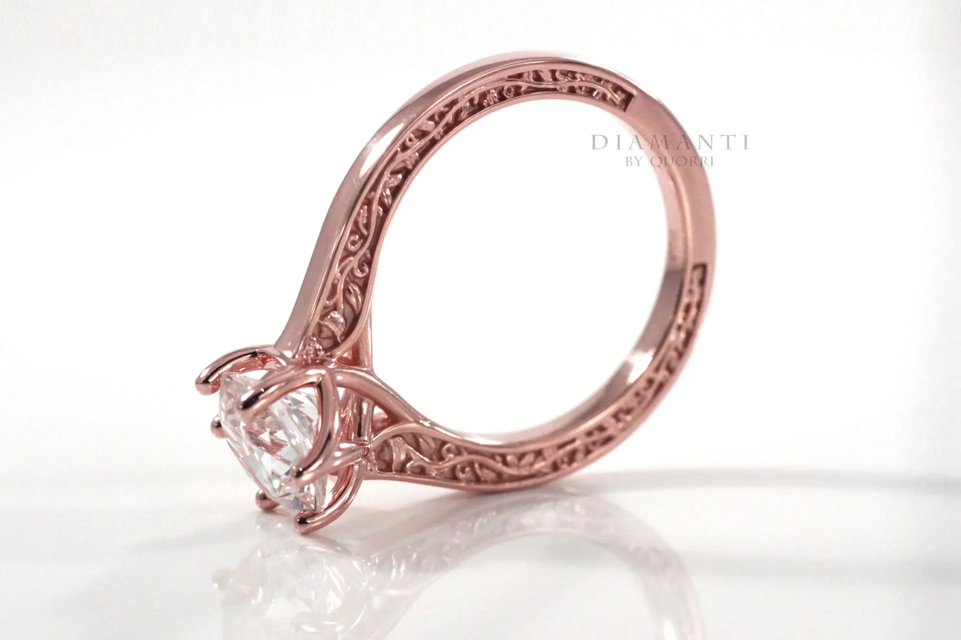 rose gold 6 prong rose motif 2.5 carat round lab diamond engagement ring Quorri