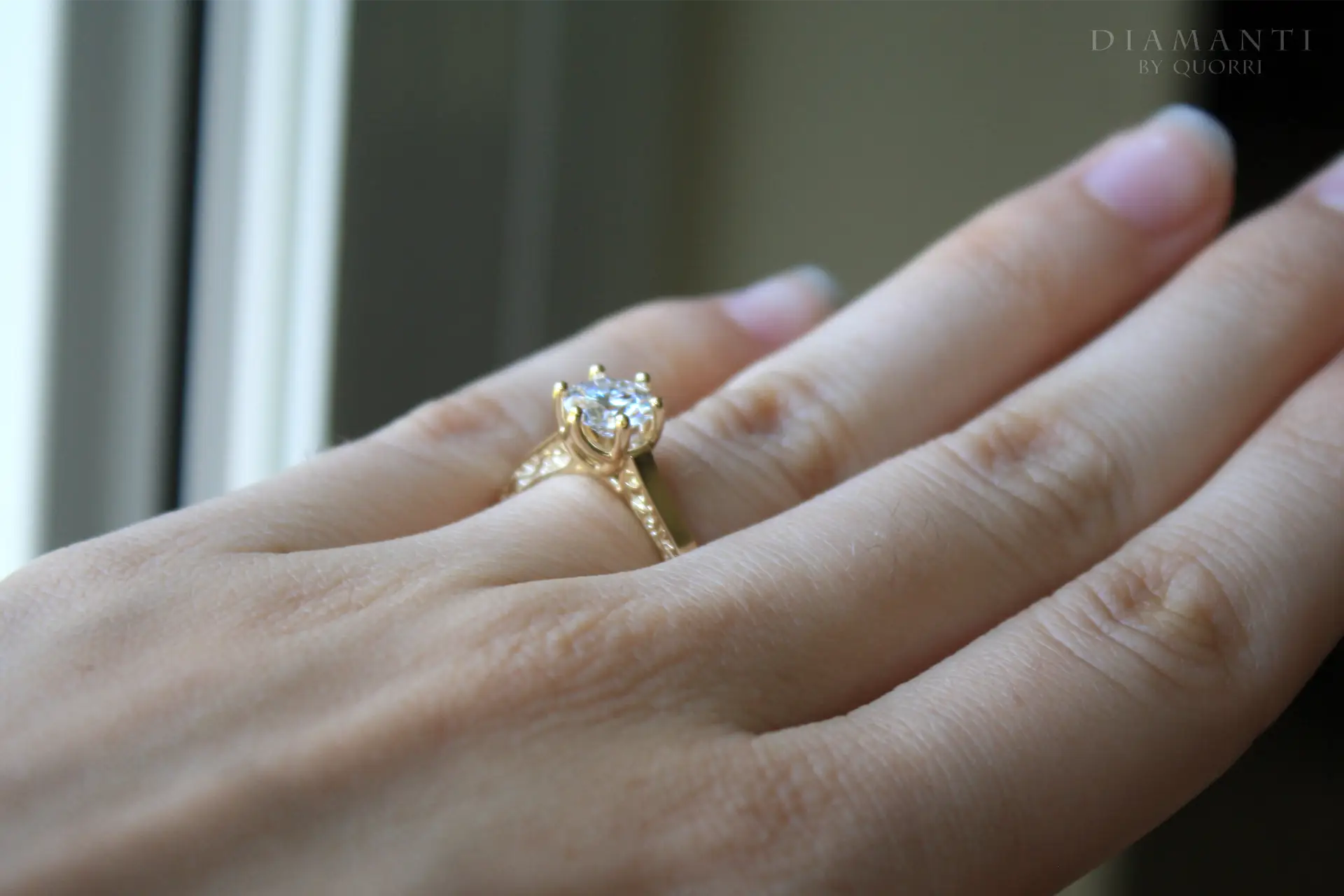 18k yellow gold six prong rose motif 1.5ct round lab diamond engagement ring Quorri