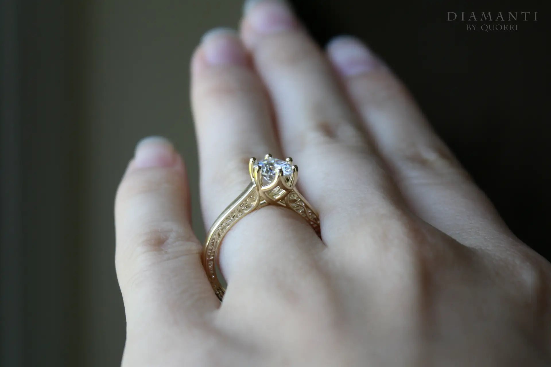 18k yellow gold six prong rose motif 1.75ct round lab diamond engagement ring Quorri
