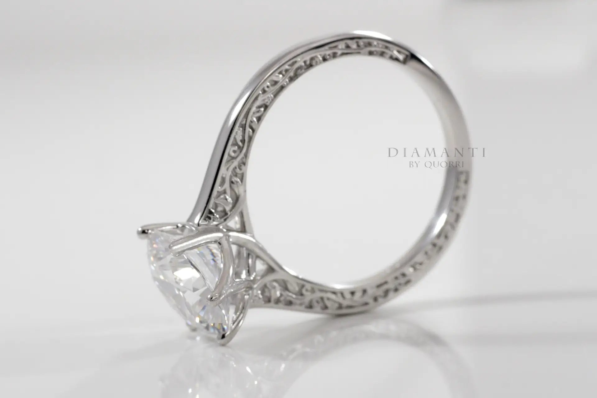 six prong rose motif white gold round lab diamond engagement ring Quorri