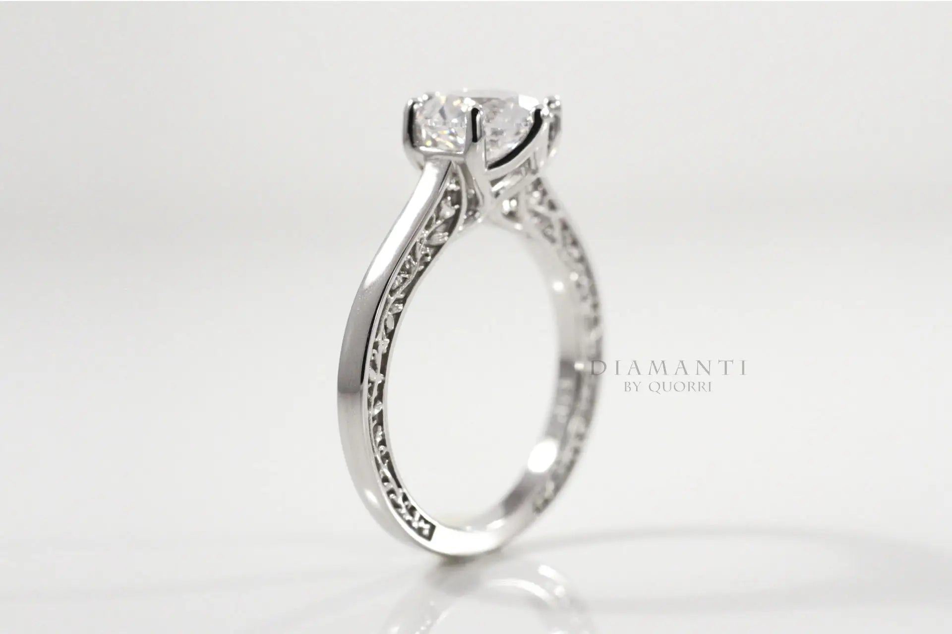 18k white gold six prong rose motif round lab diamond engagement ring Quorri
