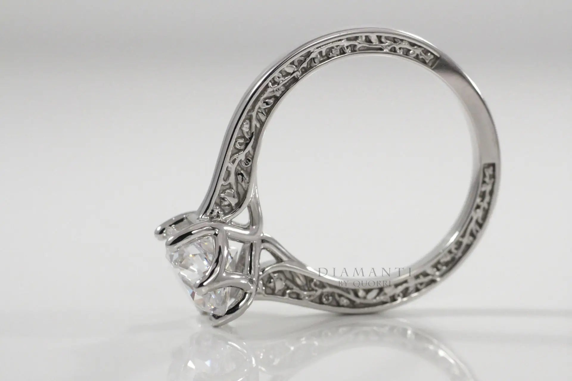 platinum six prong rose motif round lab made diamond engagement ring Quorri