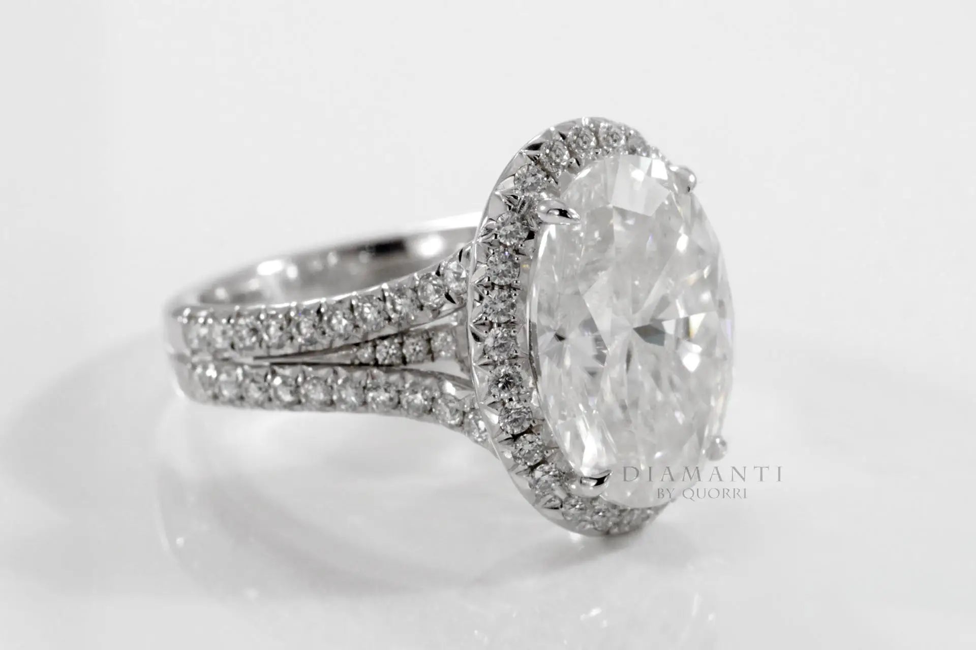 4 claw prong split band 3.5ct oval halo lab diamond engagement ring Quorri