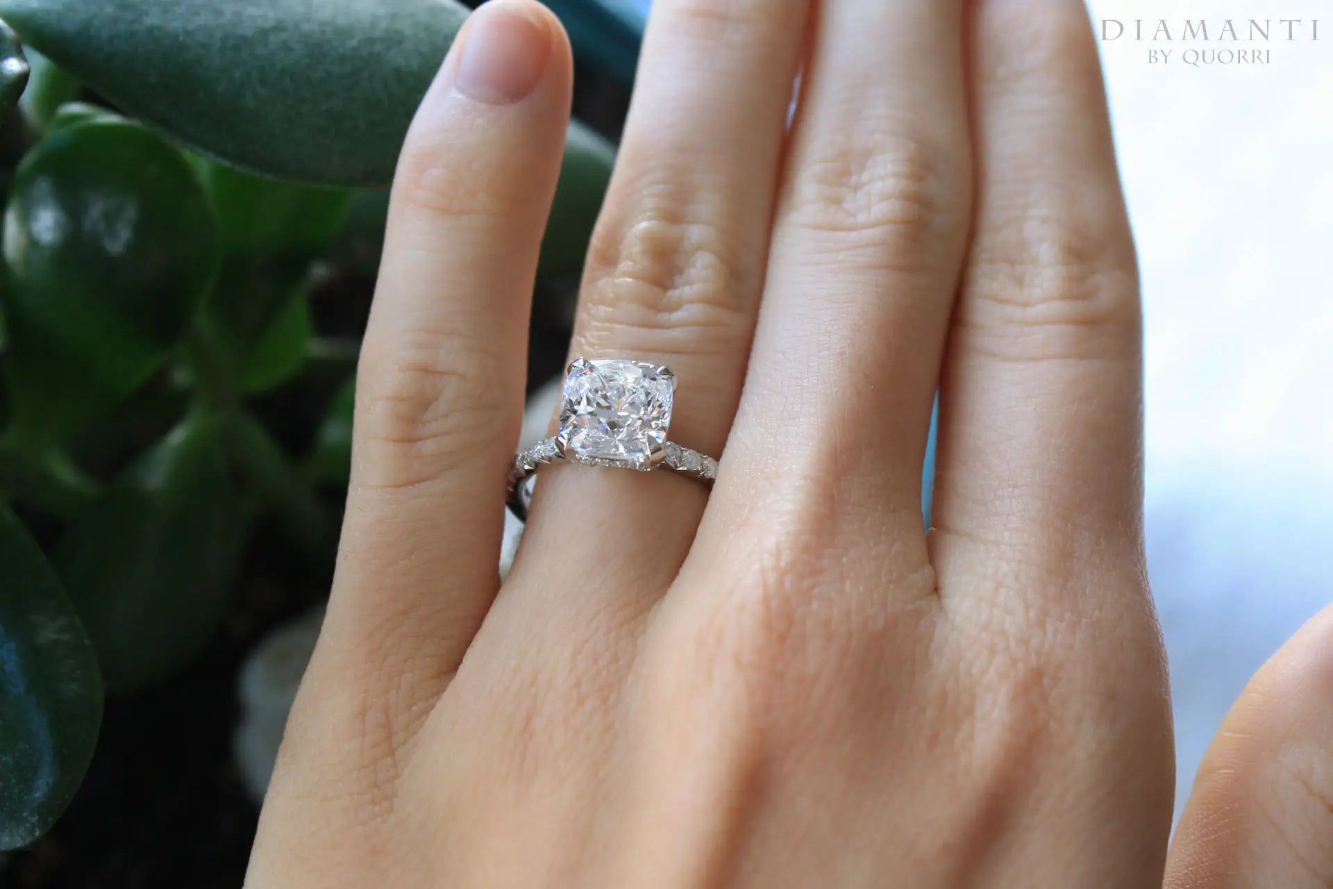 3 carat white gold and platinum affordable designer accented cushion lab diamond engagement ring Quorri