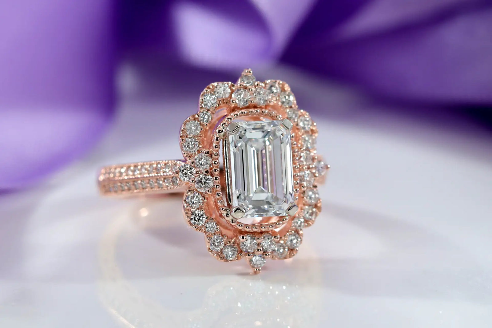 rose gold designer vintage halo 2 carat emerald cut lab diamond engagement ring Quorri