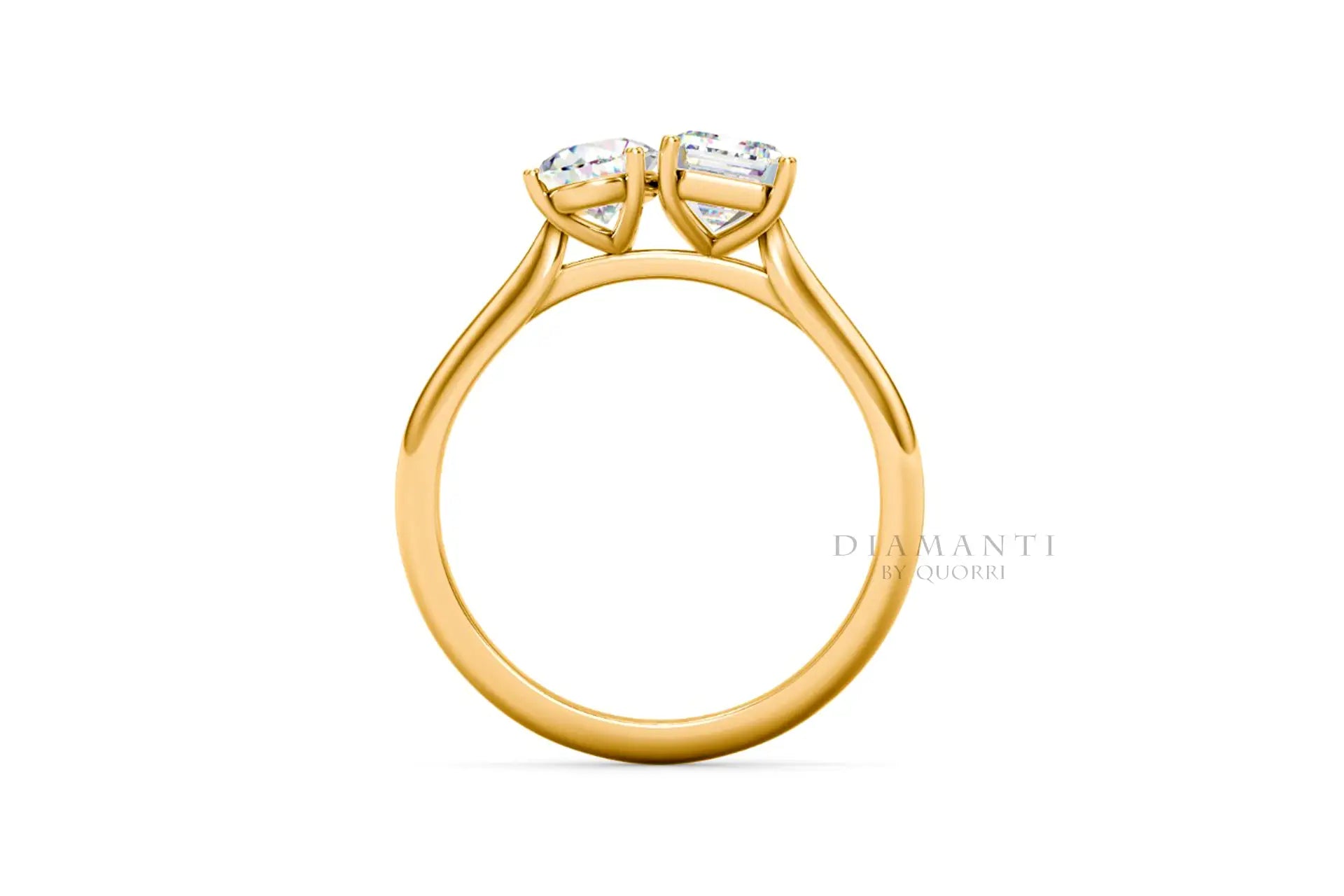 yellow gold designer Toi et Moi 1 carat emerald and 1 carat pear diamond and gemstone ring Quorri