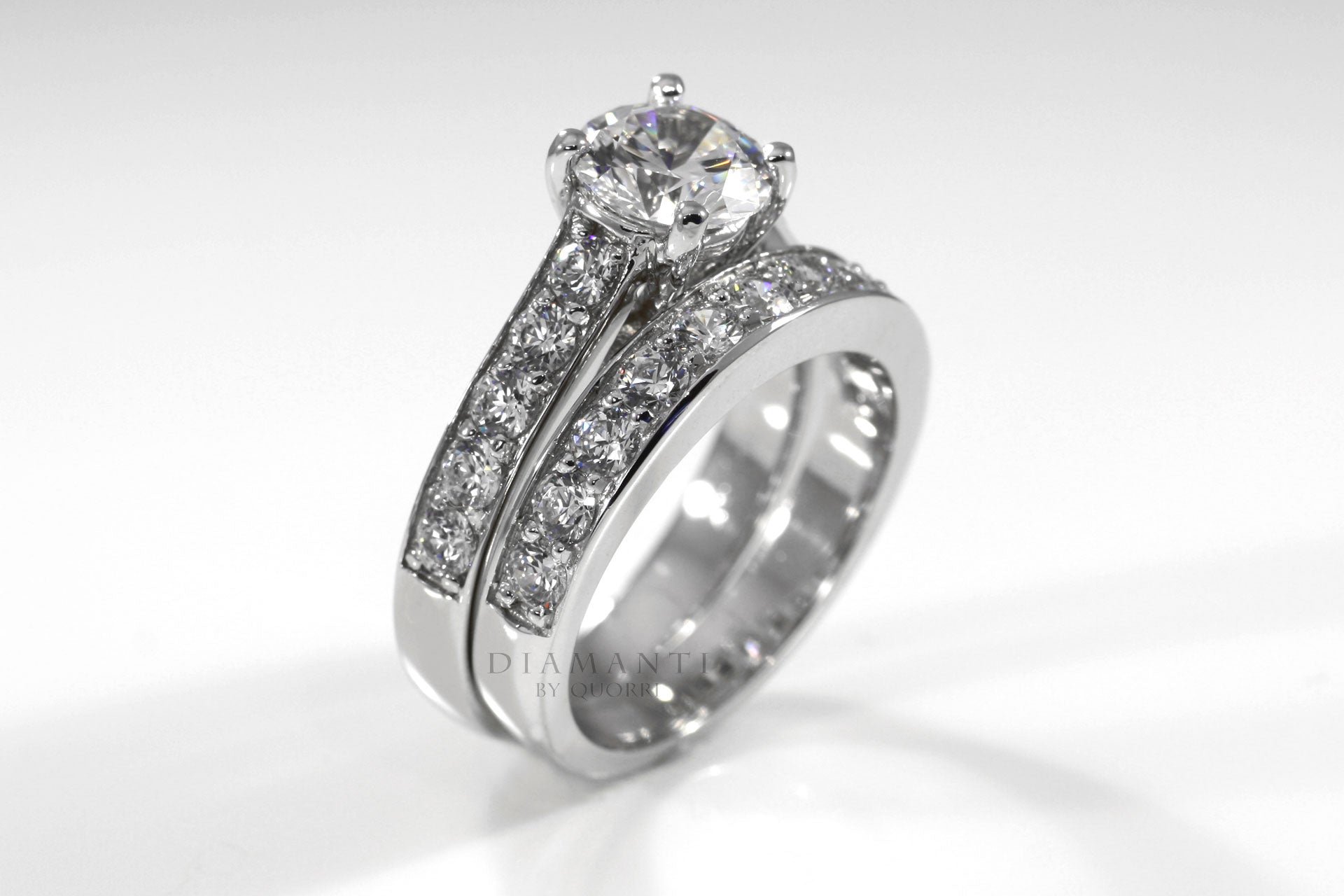18k white gold .75ct.tw 2 carat round lab diamond ring and wedding band set Quorri