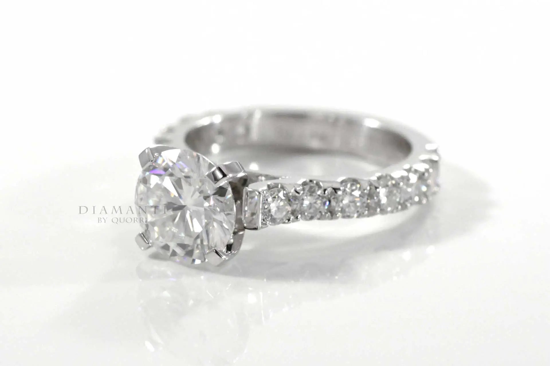 platinum large accented 3ct round lab grown diamond engagement ring Quorri