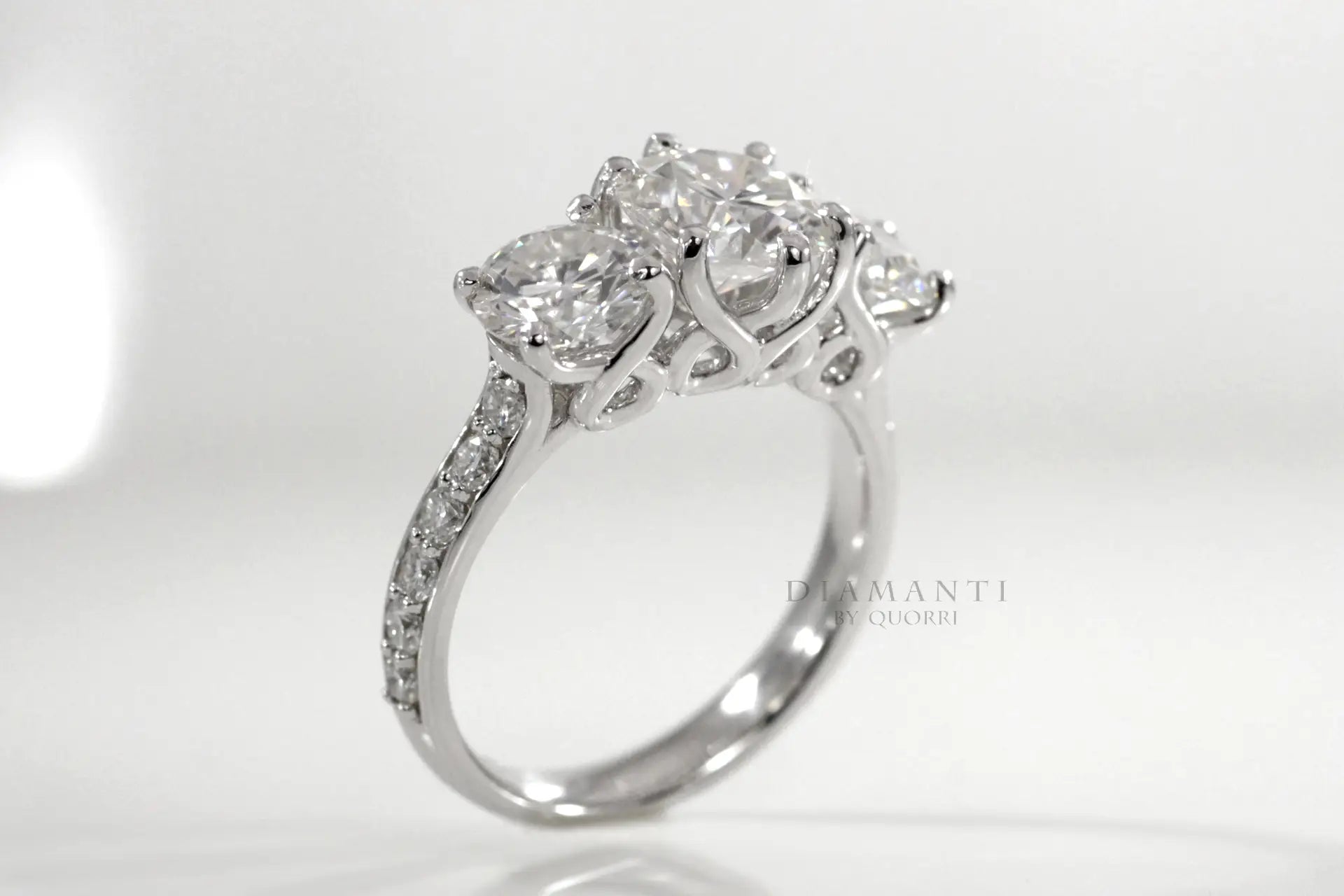 affordable three stone 1.50ct white gold lab diamond engagement ring Quorri