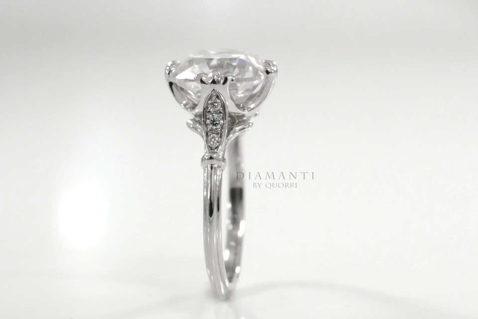 3 carat white gold vintage claw prong cushion lab diamond engagement ring Quorri Canada