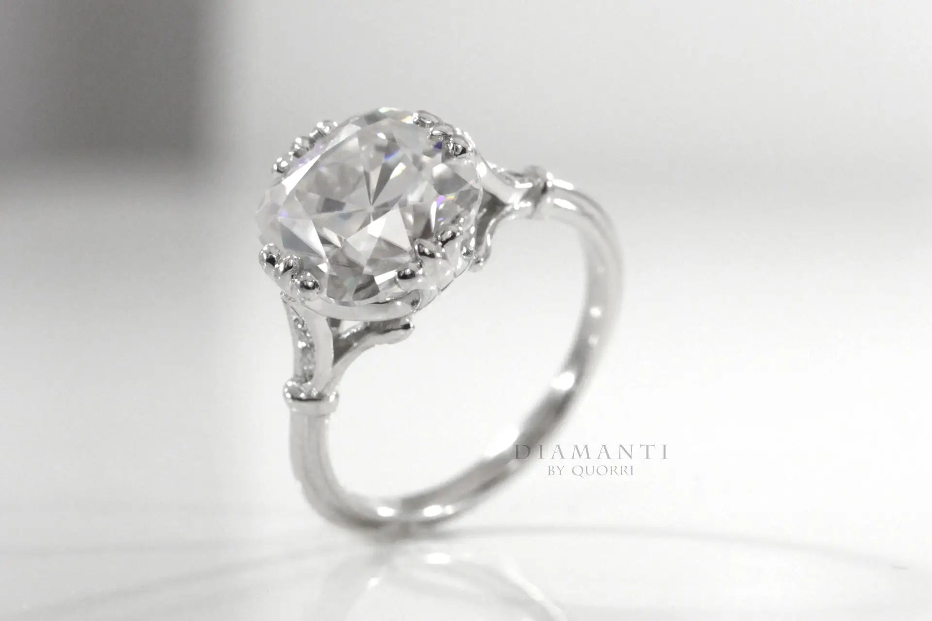 platinum vintage claw prong 3ct cushion lab diamond engagement ring Quorri Canada