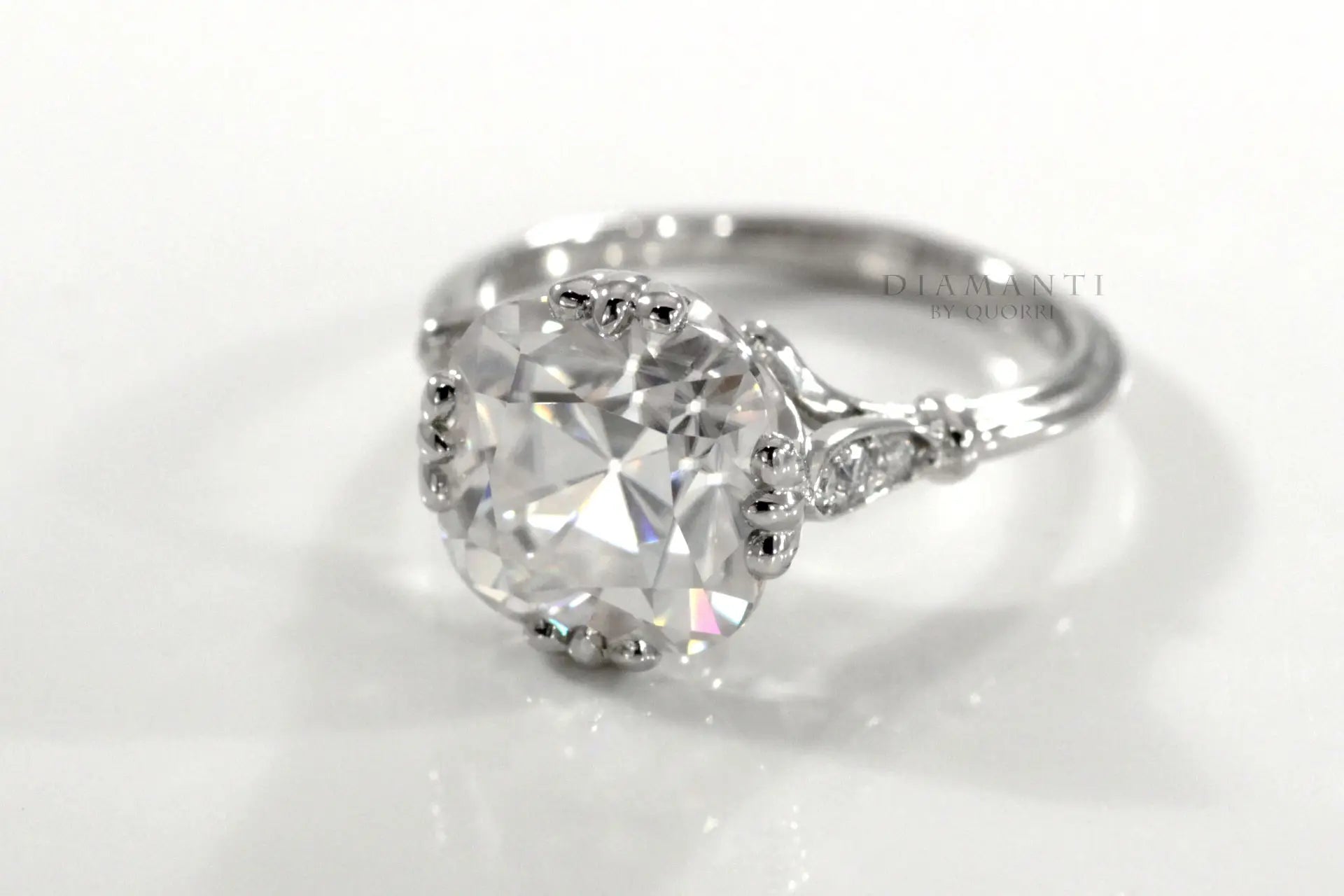 3 carat white gold vintage claw prong cushion lab diamond engagement ring Quorri Canada