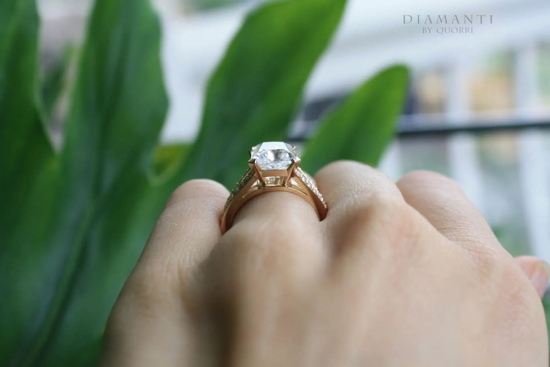 yellow gold split band 2 carat radiant cut lab diamond engagement ring Quorri 