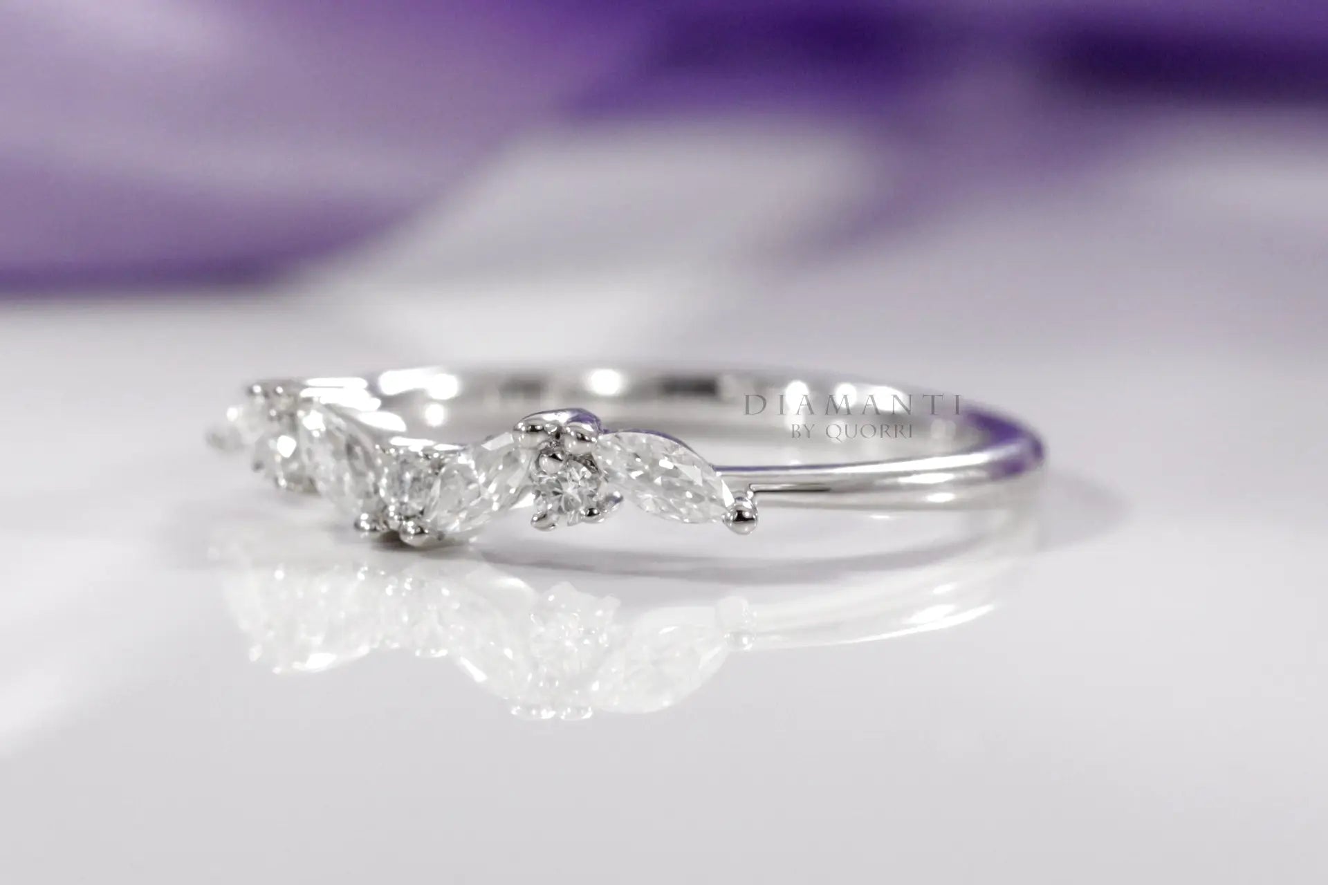 18k white gold designer marquise and round lab diamond wedding band Quorri