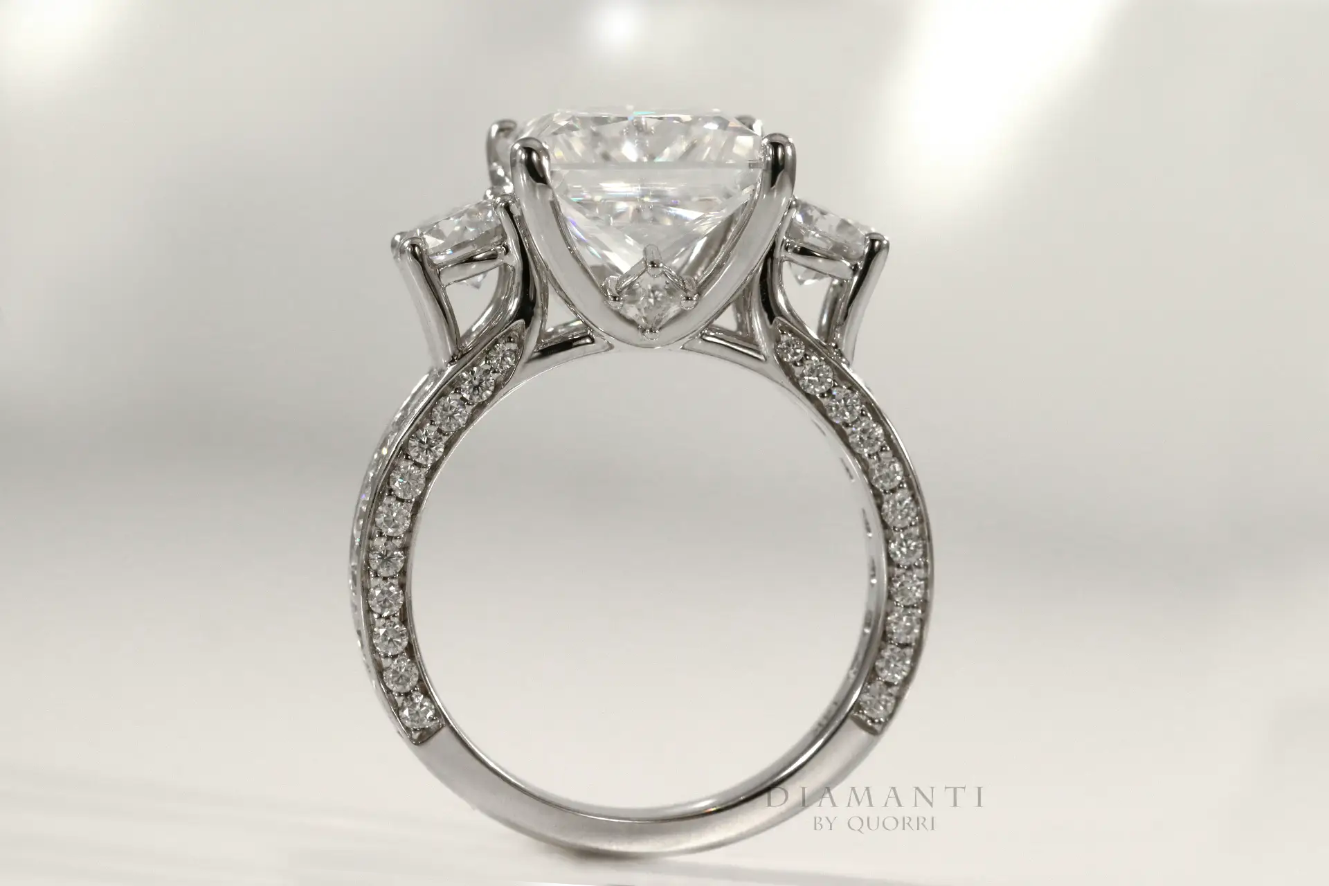vera wang inspired platinum 4 carat princess three stone lab diamond engagement ring Quorri