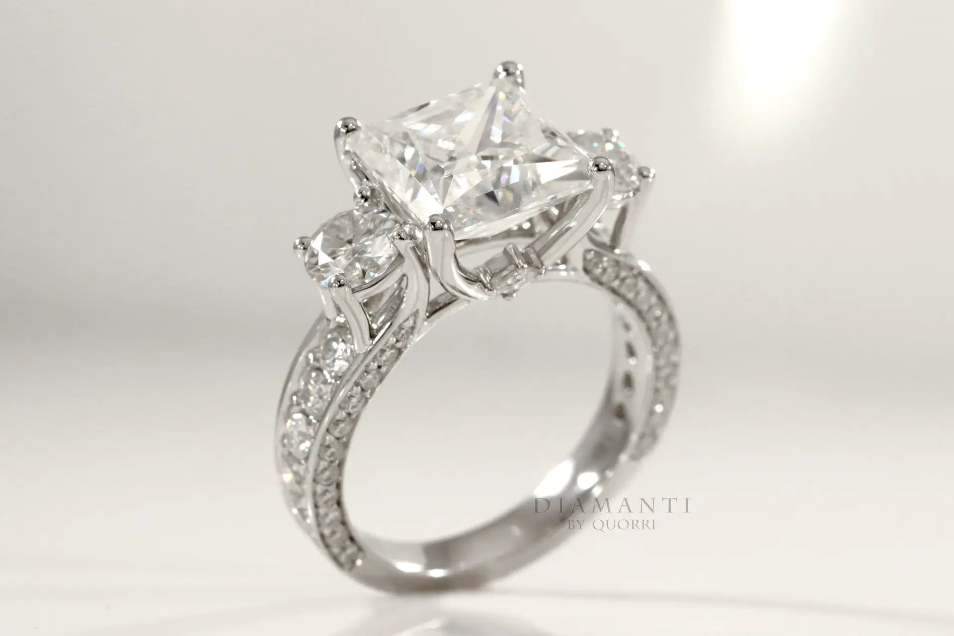 vera wang inspired 14k white 3 carat princess three stone lab diamond engagement ring Quorri
