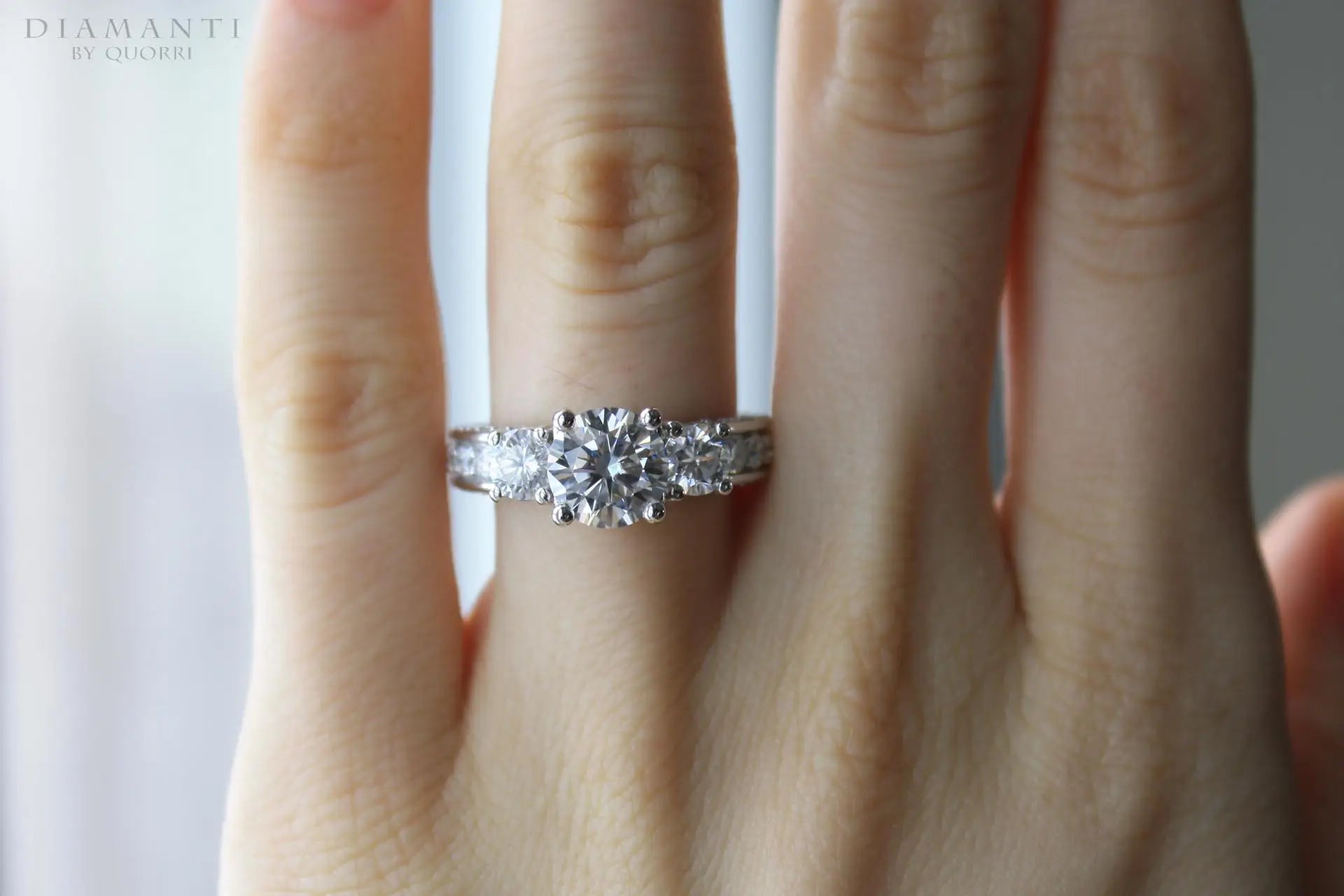 designer vera wang inspired diamond accented 3 stone round lab diamond engagement ring