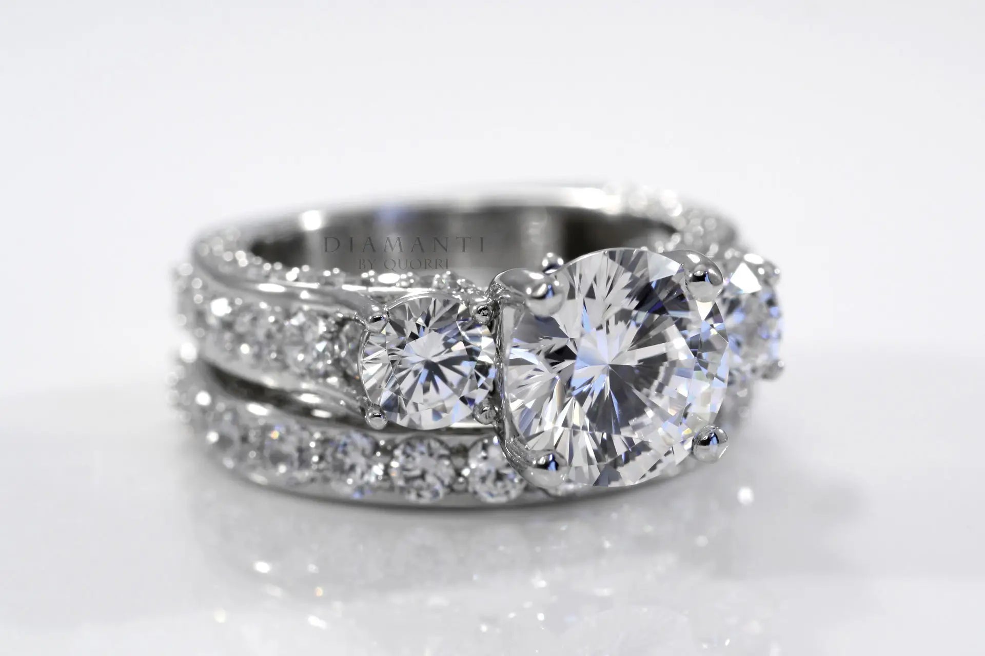 platinum vera wang inspired accented 3 stone round lab diamond engagement ring set Canada