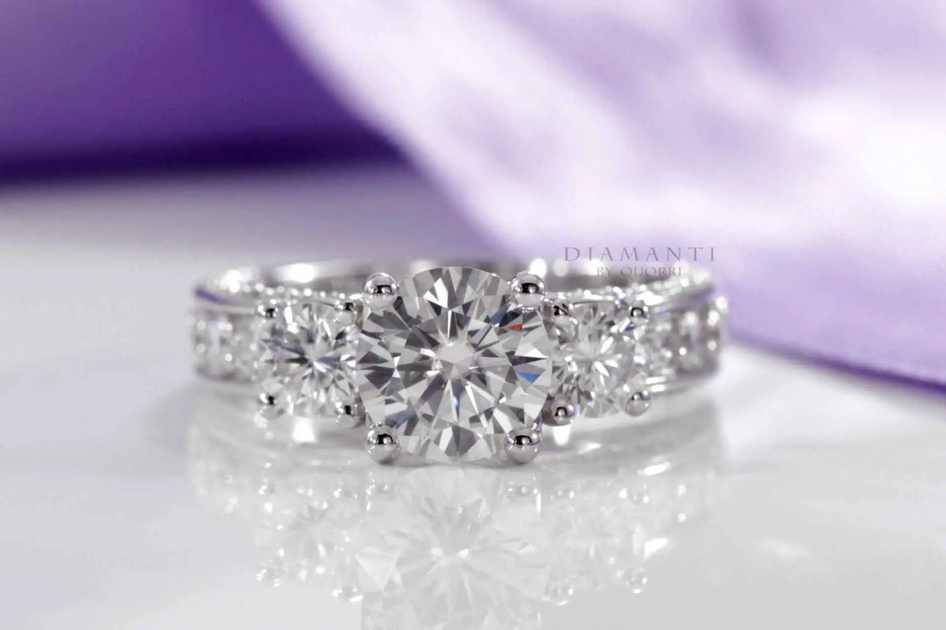 vera wang inspired accented 3 stone round lab diamond engagement ring
